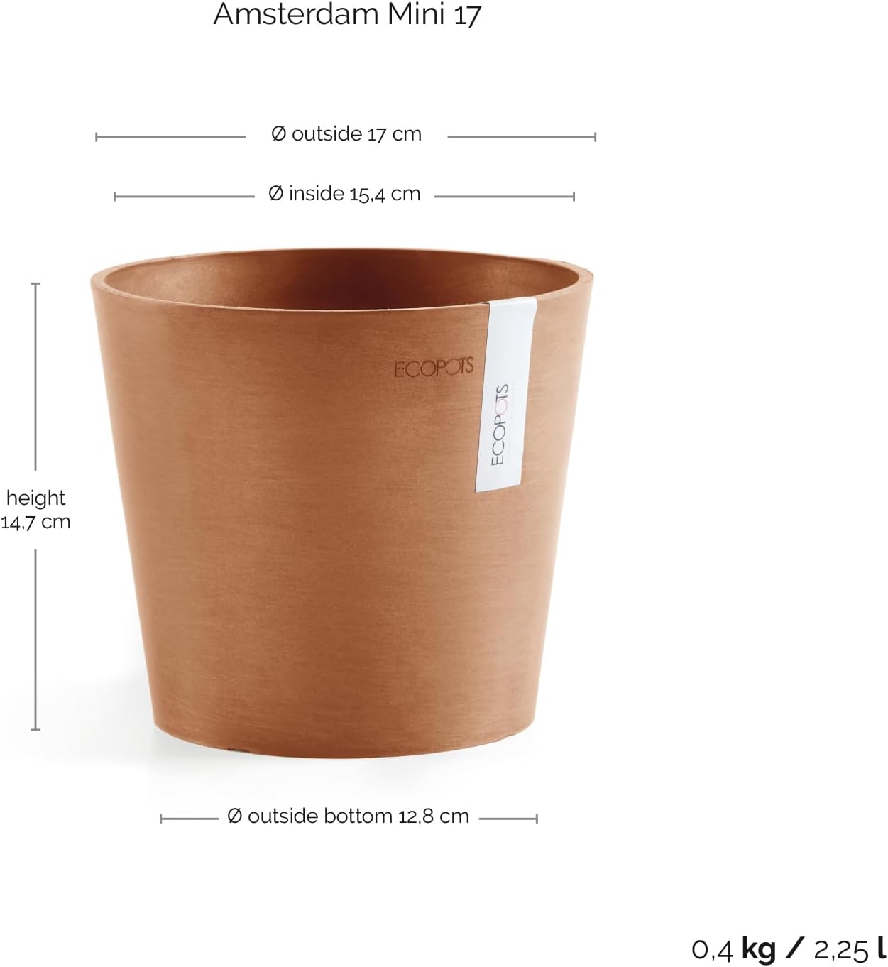 Ecopots Amsterdam Mini Durable Modern Round Recycled-Based Composite Flower Pot Planter, Terracotta Color, 7"