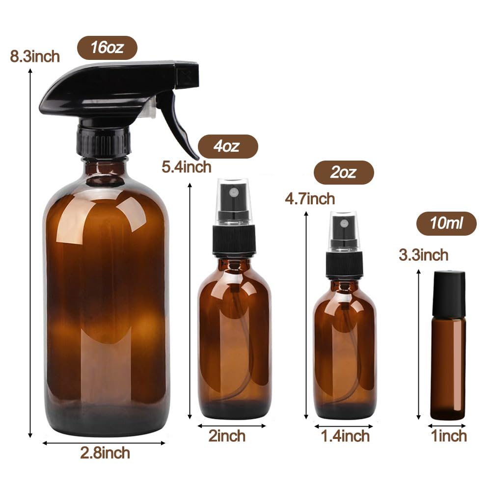 Glass Spray Bottle Kit×10 (2×16oz, 2×4oz, 6×2oz), 9×10ml Roller Bottles, Anti UV, Multi Size and Versatile, Suitable for Aromatherapy, Facial Moisturizing, Watering, etc.(Amber)
