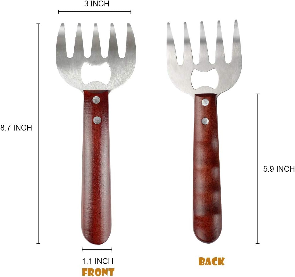 AIYUE Meat Shredding Claws Stainless Steel Pulled Pork Shredder Meat Claws for BBQ Shredding Pulling Handing Lifting & Serving Pork Turkey Chicken with Long Wood Handle (2 PCS,BPA Free)