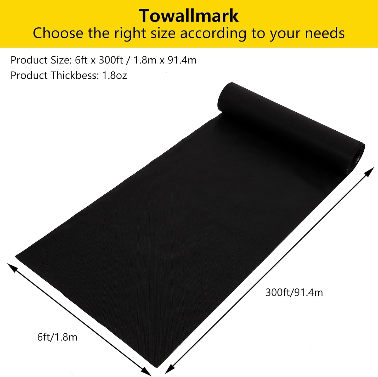 6ft x 300ft Weed Barrier Landscape Fabric, Premium Non-Woven 1.8oz Ground Cover Weed Block Gardening Mat, Easy Setup & Superior Weed Control, for Erosion Control, Weed Block, Ground Cover