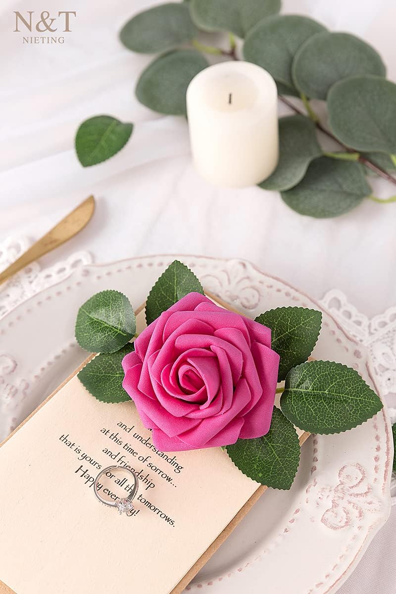 N&T NIETING Artificial Flowers, Foam Roses Perfect for DIY Wedding Bridal Bouquets Centerpieces Bridal Shower Party Home Flower Arrangement Decor 25Pcs, Hot Pink