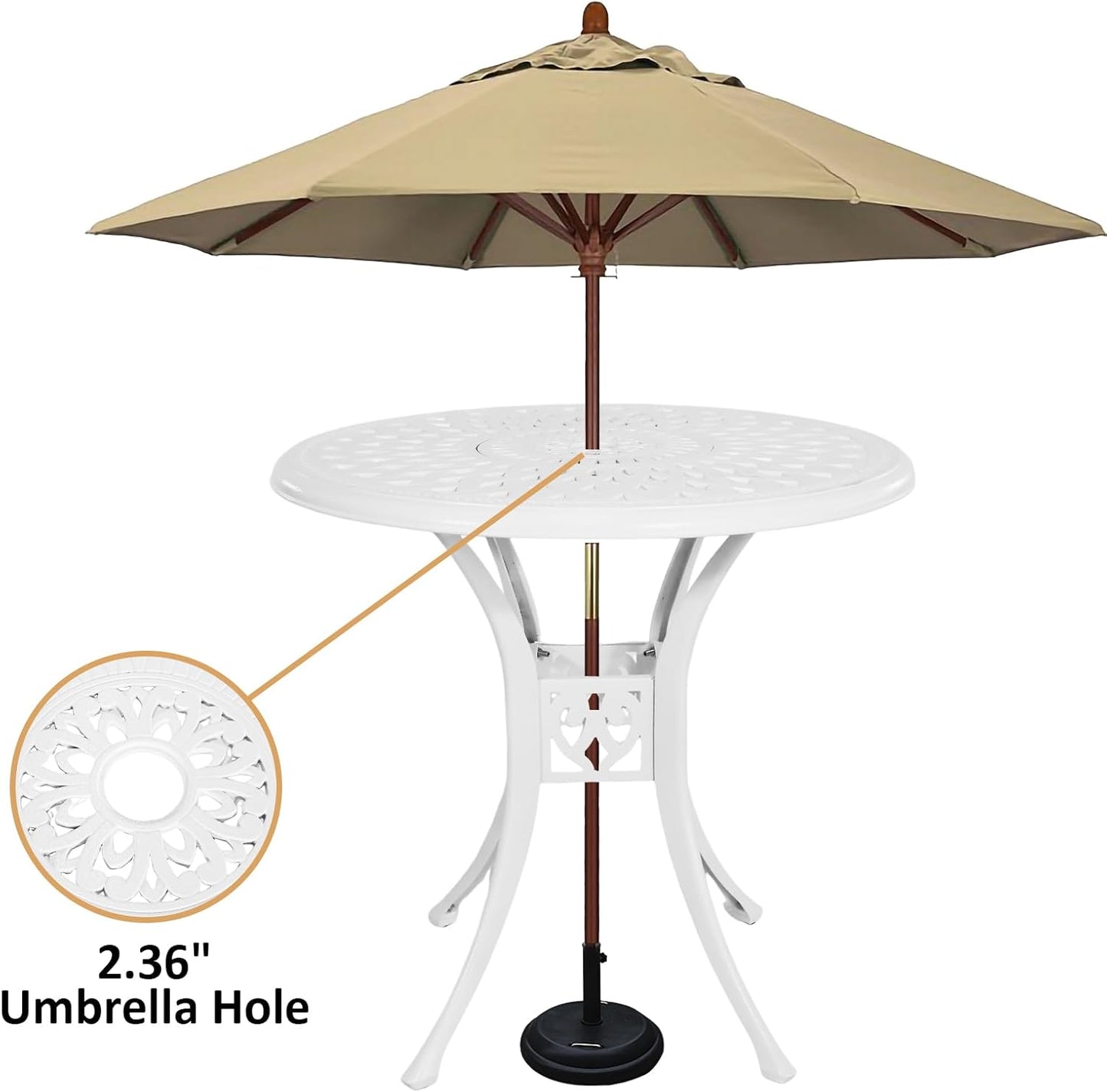 30 inches Patio Table with Umbrella Hole, Round Cast Aluminum Bistro Table for Porch Backyard, White