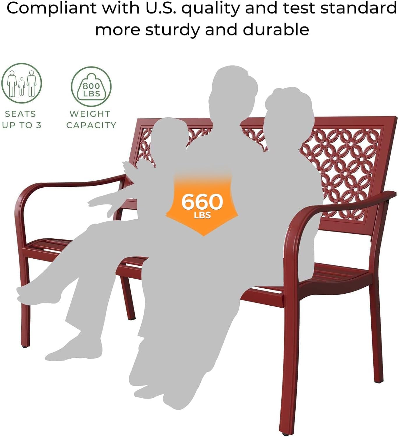 Grand patio Garden Bench, Outdoor Benches with Anti-Rust Metal Powder Coated Frame, Patio Bench for Front Porch Park Outside Furniture Decor, Cherry Red