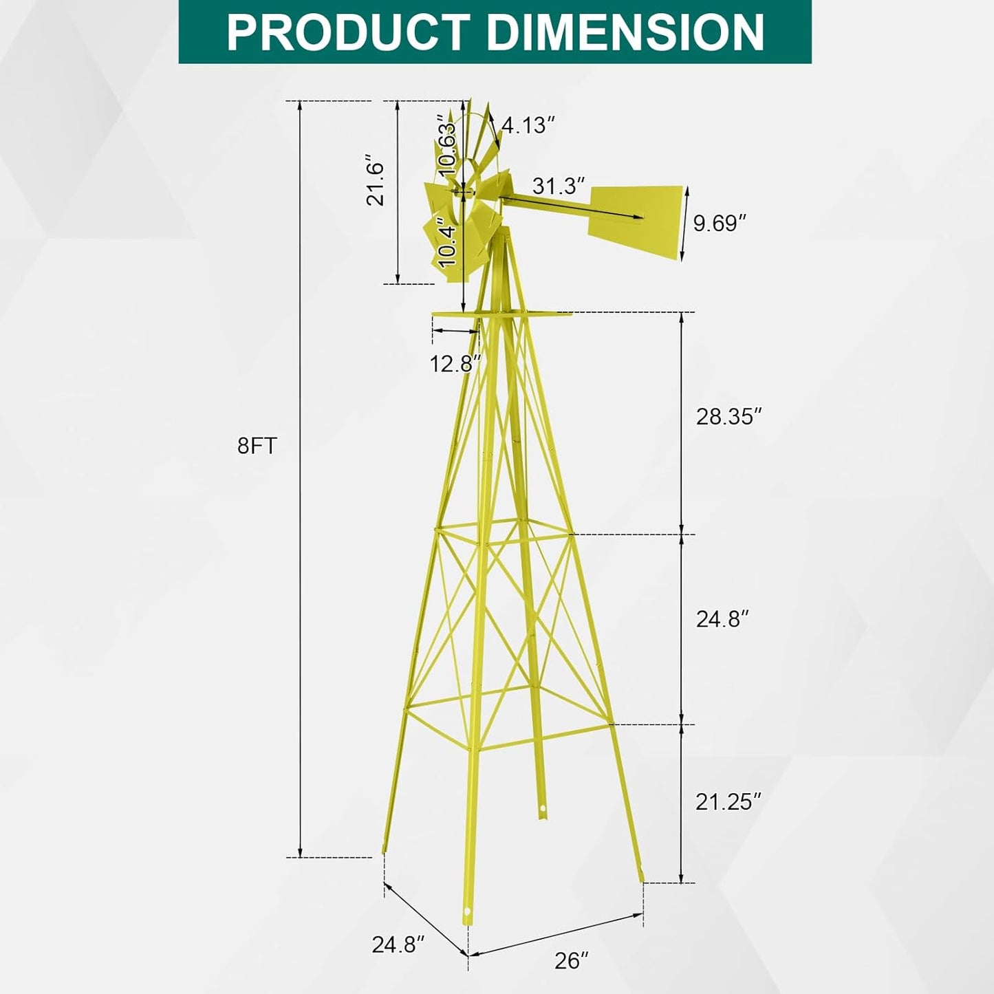 VINGLI 8FT Ornamental Windmill Backyard Garden Decoration Weather Vane, Heavy Duty Metal Wind Mill w/ 4 Legs Design,Yellow