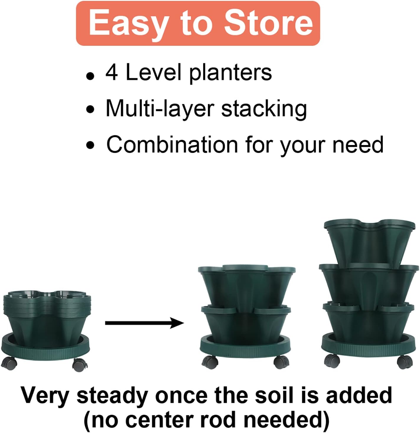 DUNCHATY Stackable Planter, Vertical Garden Planter with Wheels and Tools, Self Watering Strawberry Planter Indoor/Outdoor 4 Tier Herb Planter Pots for Growing Vegetables and Succulents,Pine Green