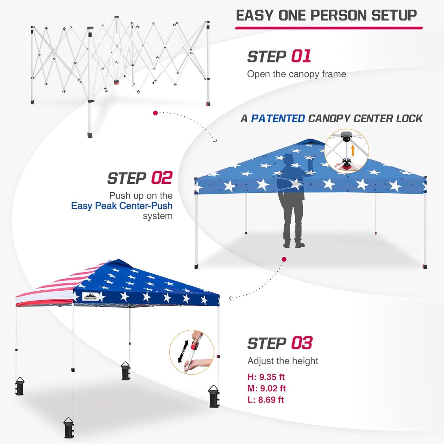 EAGLE PEAK Pop Up Canopy Tent with Wheeled Carry Bag, 8 Stakes, 4 Ropes, 4 Weight Bags, Easy Set Up Tent Canopy, 10x10 ft, 100sqft of Shade, American Flag