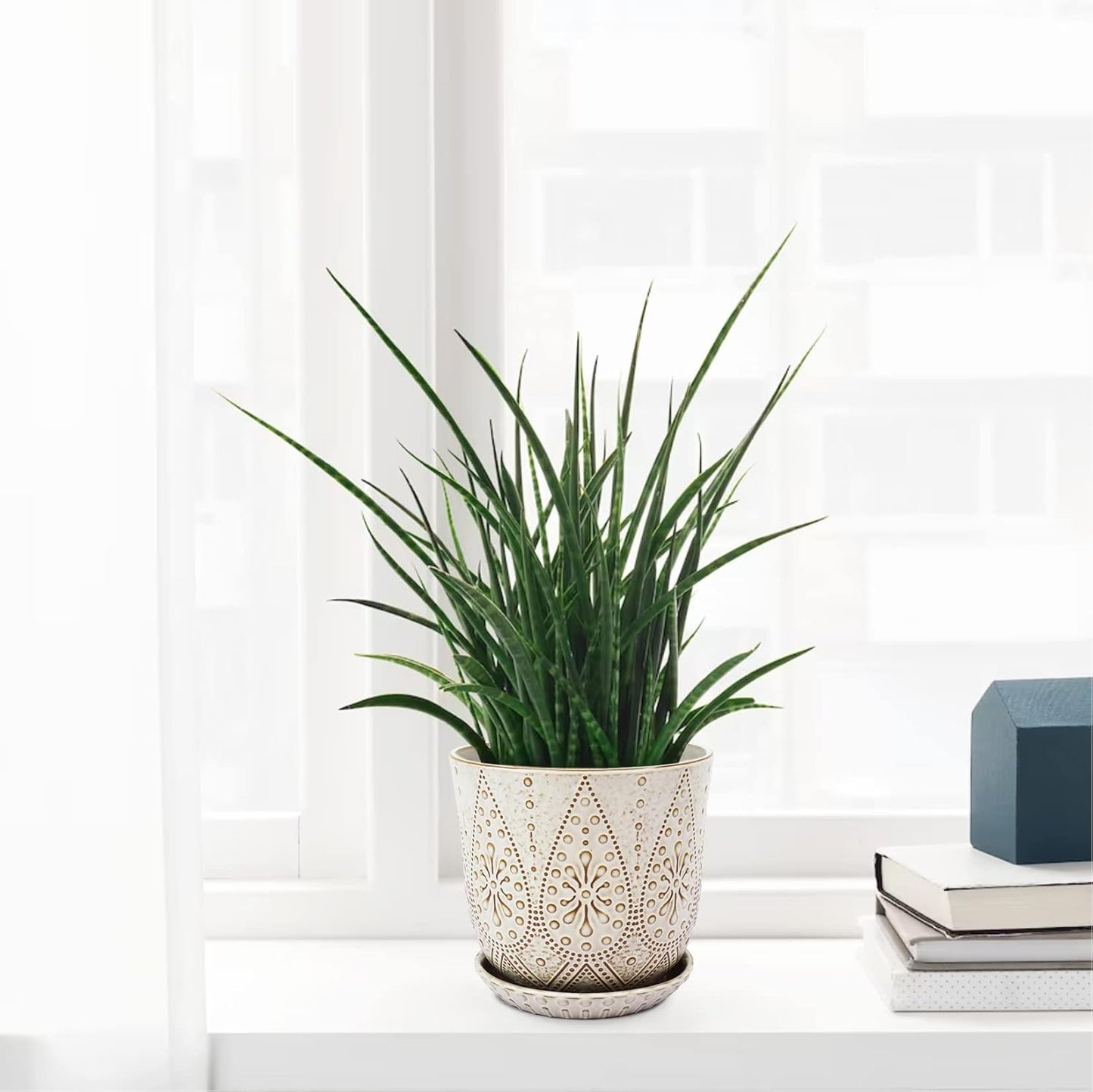 Gepege 8 Inch Plant Pot, Creamy White Ceramic Planter with Drainage Holes and Saucers for Plants Indoor and Outdoor Flower Pot