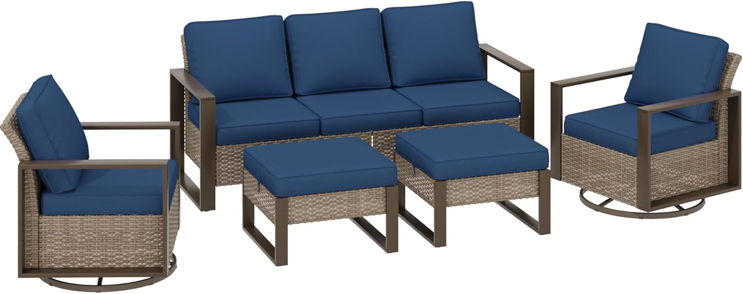 5 Pieces Metal Wicker Patio Furniture Set with 75" Sofa, Two Swivel Chairs and Two Ottomans, All Weather Rattan Outdoor Conversation Furniture with Washable Cushions for Porch, Dark Blue