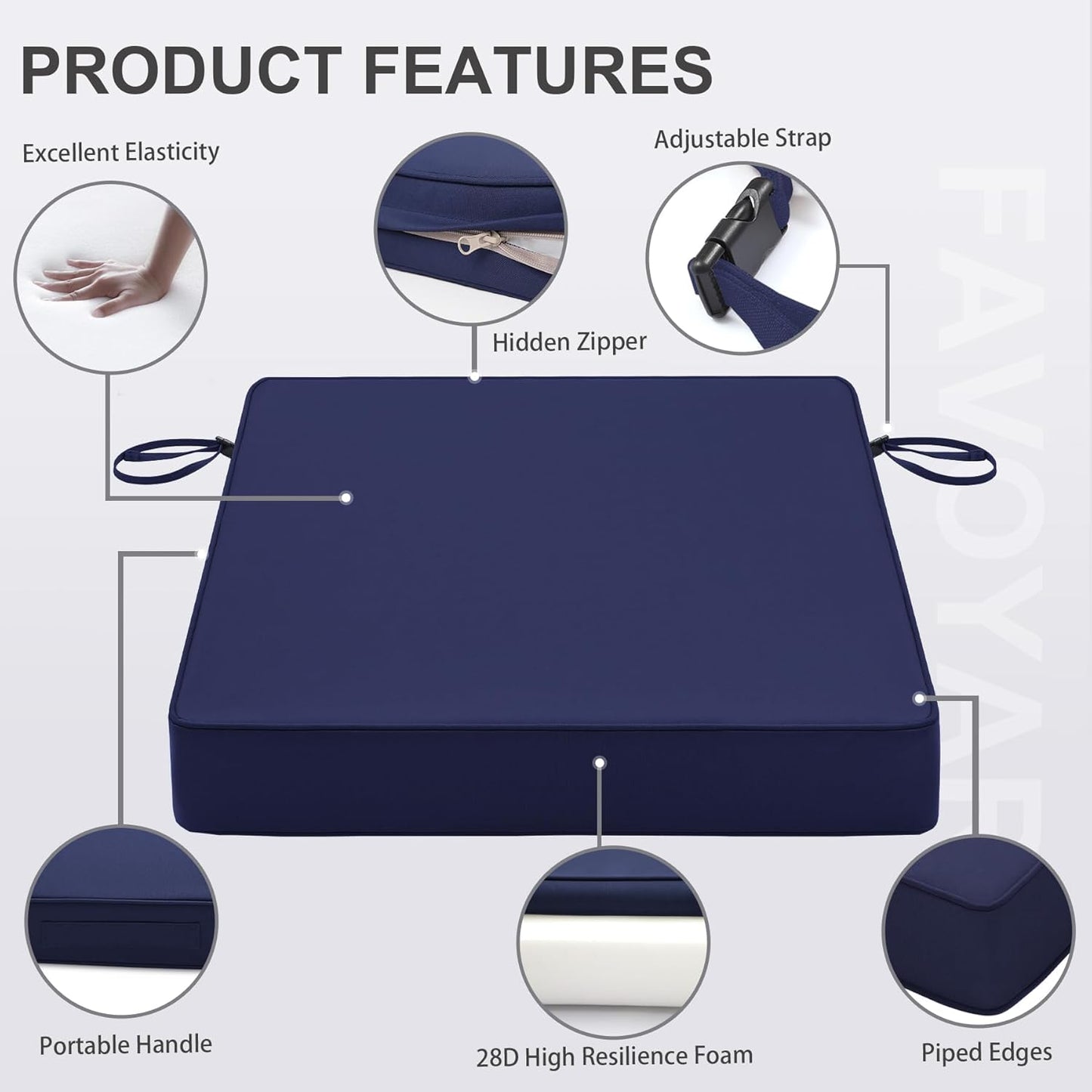 Favoyard Patio Chair Cushions 18 x 18 x 3 Inch Waterproof Outdoor Seat Cushions for Patio Furniture 3-Year Color Fastness Garden Sofa Couch Pads with Handle & Adjustable Straps Set of 2, Blue
