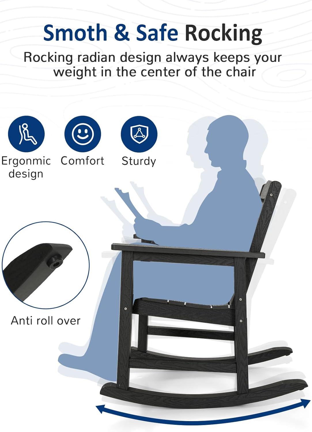 3-Piece Patio Rocking Chairs Set, Weatherproof HIPS Outdoor Rocking Chair for Adults, 400LBS Support Rocking Chairs with Table for Garden, Porch, Backyard and Indoor, Black