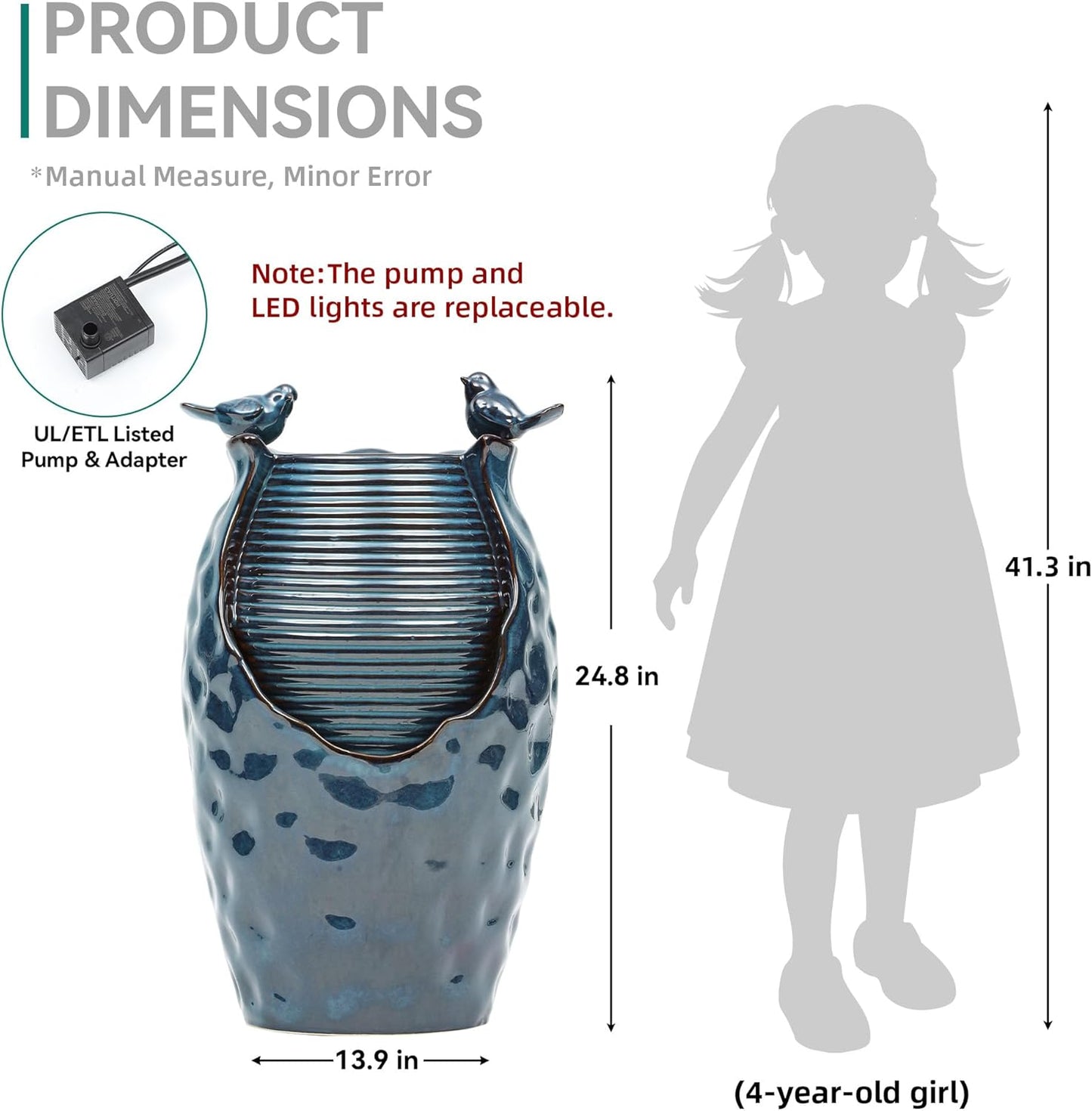 24.8" H Ceramic Jar Outdoor Water Fountain with LED Lights & Bird Accents, Elegant Turquoise Glaze with Bubble-Like Texture, Decorative Garden Water Feature