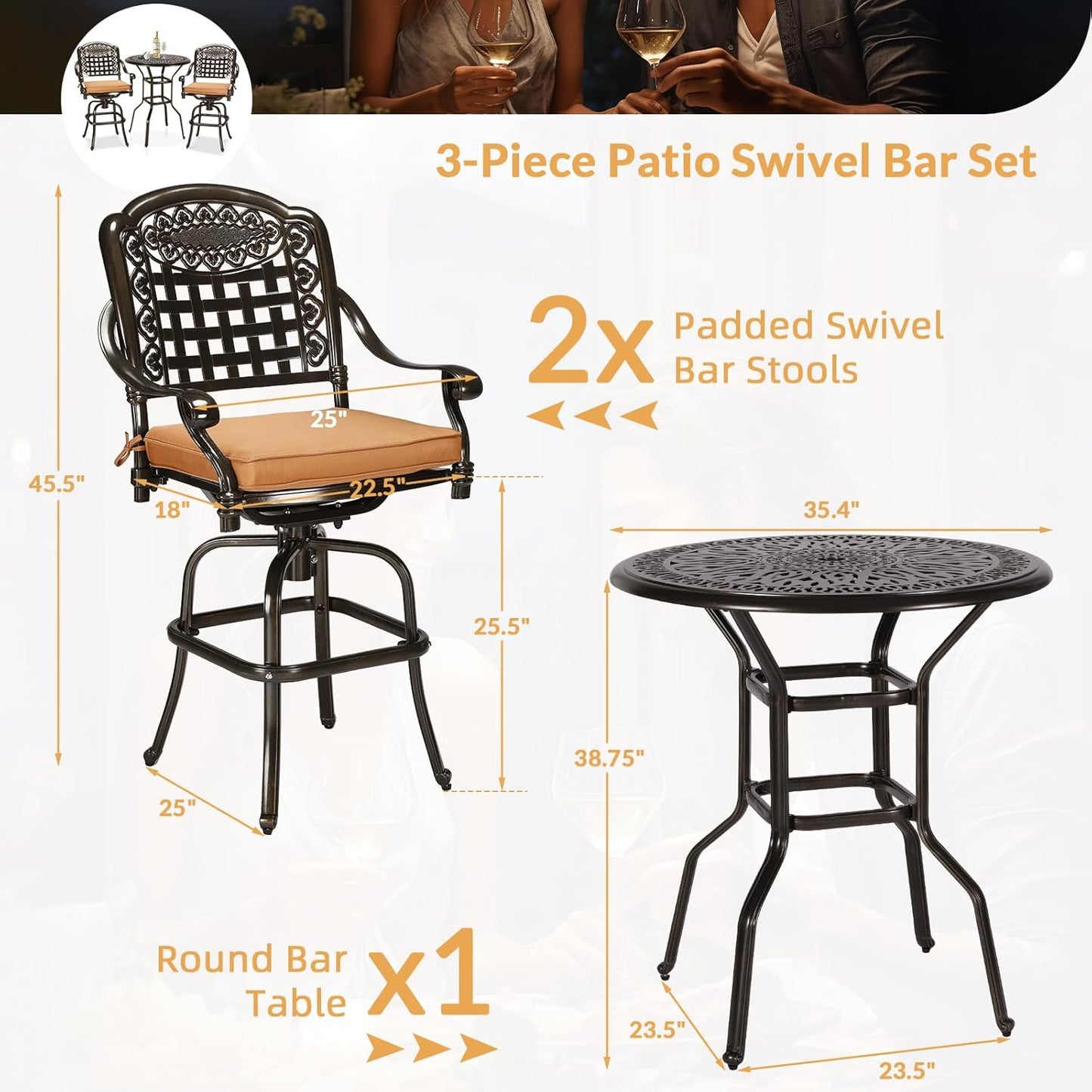 3-Piece Patio Swivel Bar Set, High Top Bar Table & Chairs, All-Weather Cast Aluminum Swivel Bar Stools (2) & 35.4" Table, Patio Bistro Set for Garden