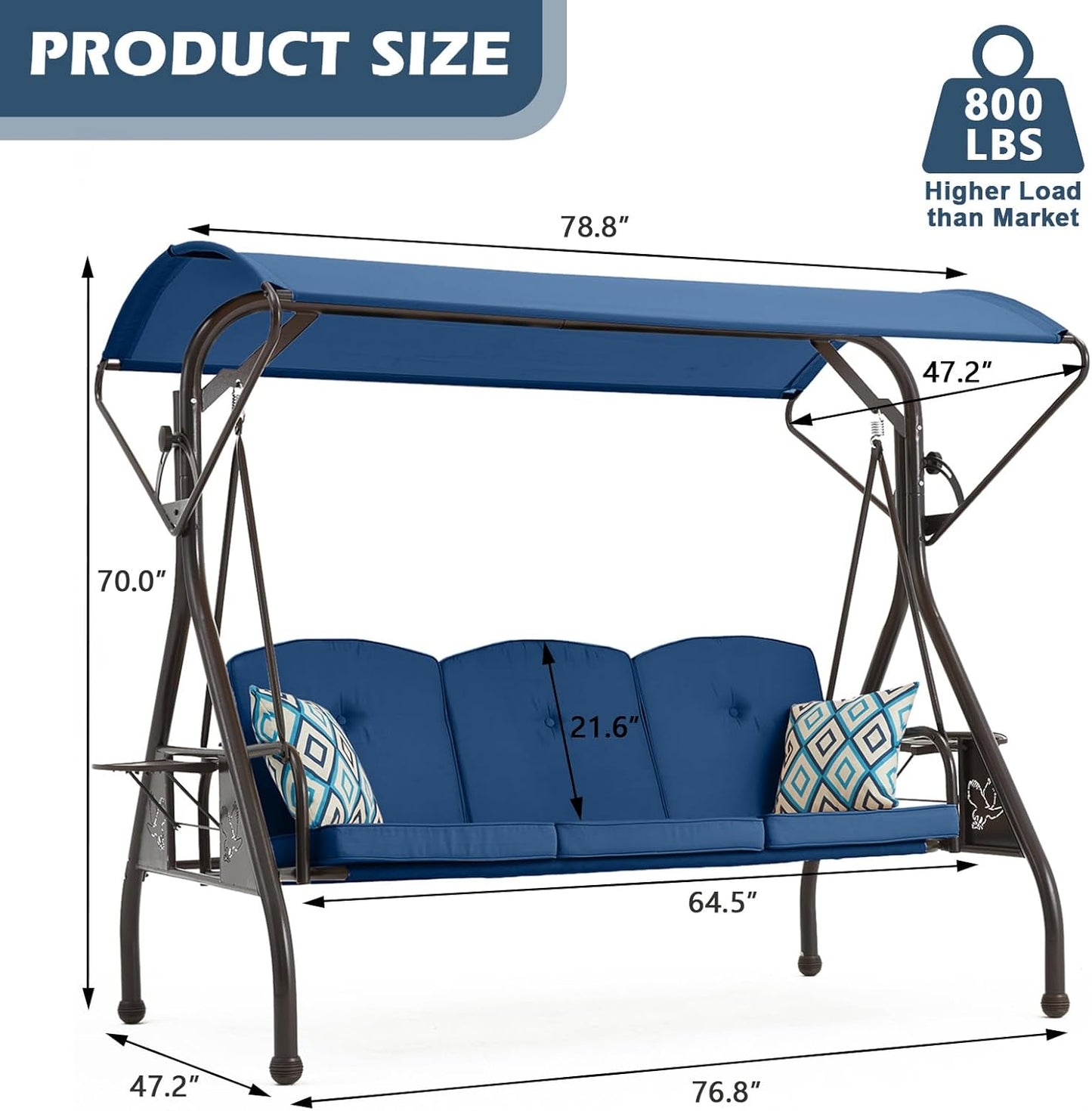 800LBS Patio Swing with Canopy 3 Seat Outdoor Porch Swing with Stand w/Cup Holder & Pillow Glider Chair Swing Bed for Patio Backyard Poolside (Blue)