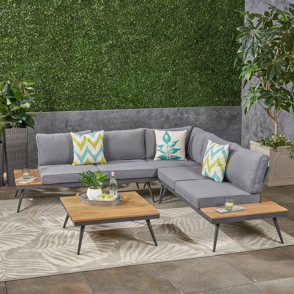 4-Person Outdoor Seating Group with Cushions, Mid-Century Modern Sectional Sofa Set, Faux Wood and Aluminum Frame, Mesh Backrests, L-Shape Conversation Set for Garden, Poolside, Backyard