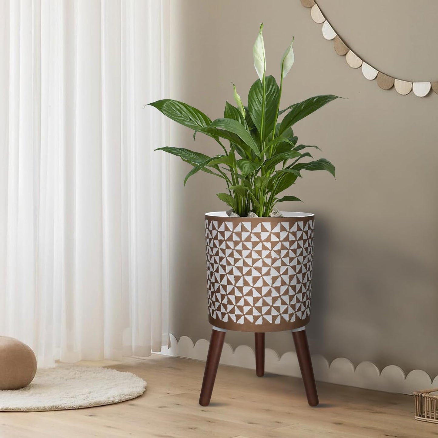 10 Inches Plant Pots with Wood Stand Large Modern Standing Planters for Indoor Mid Century Flower Pot with Drainage Holes Big White & Gold Planters for Living Room, Office, Garden or Balcony