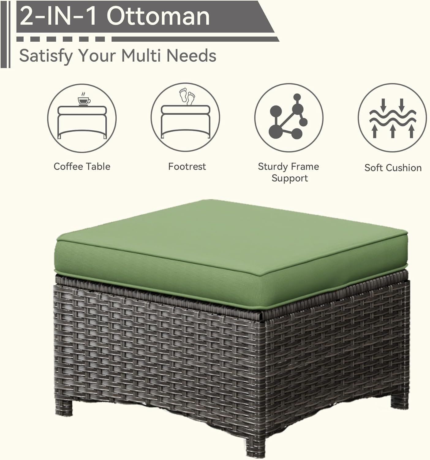 5 Pieces Patio Conversation Set, Wicker Chairs Set of 2 and Two Ottomans with 3.5-inch Seat Cushions, 1 Side Table High Back and Curved Armrest for Backyard, Balcony and Deck, Green