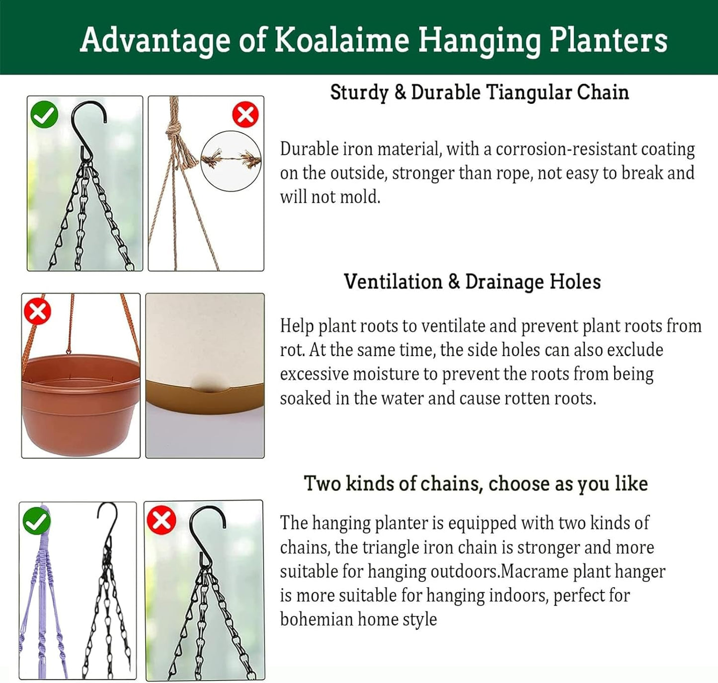 2 Pack Hanging Planters Set,10 Inch Indoor Outdoor Hanging Plant Pot Basket,Hanging Flower Pot with Drainage Hole with 3 Hooks for Garden Home(Purple Hanger White Planters)