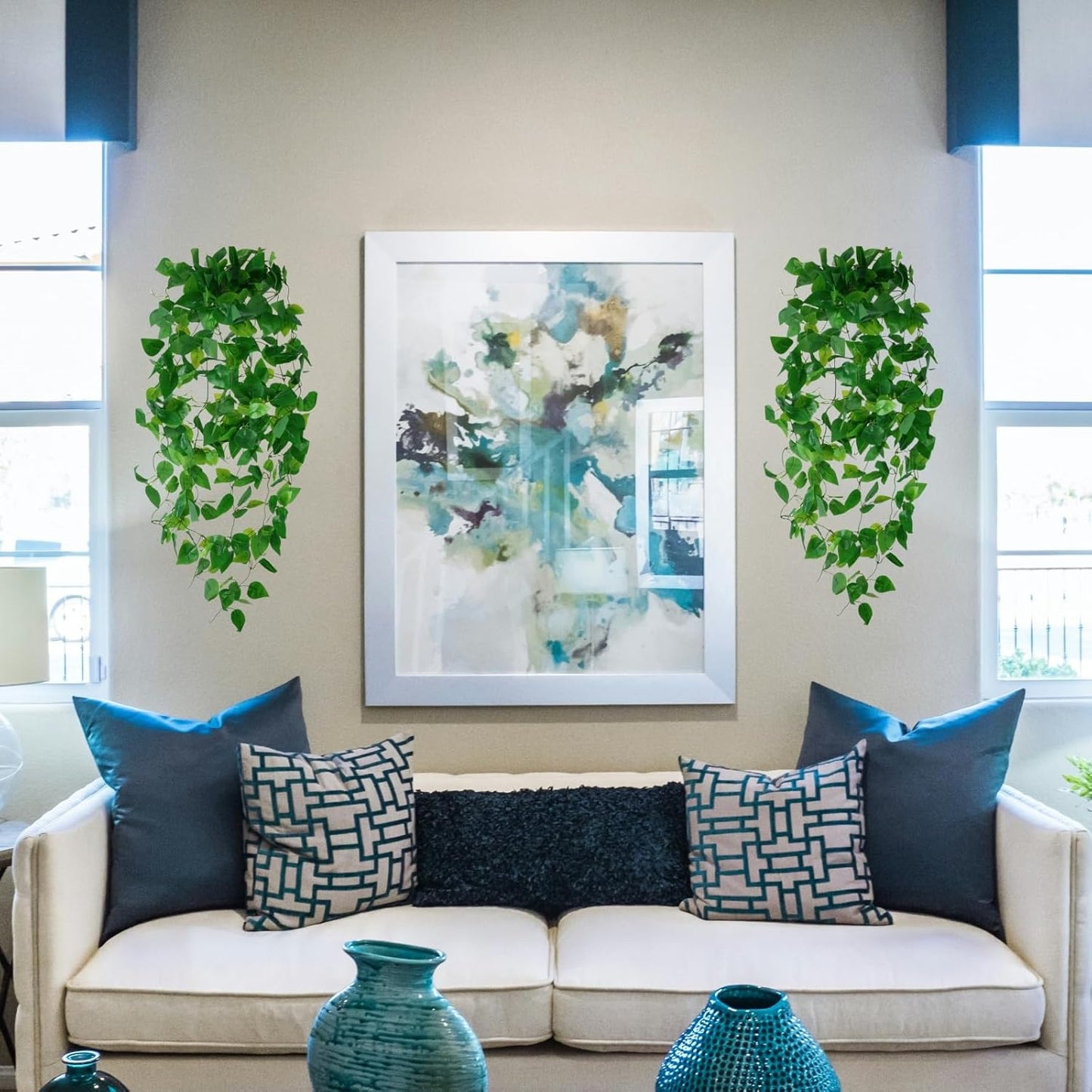 Fake Hanging Plants Vines(4pcs) for Room Decor, Artificial Ivy Greenery Garlands for Home Bedroom Living Aesthetic Kitchen Office Wall Patio Bookshelf,Indoor,Outdoor Farmhouse Decorations(No Basket)