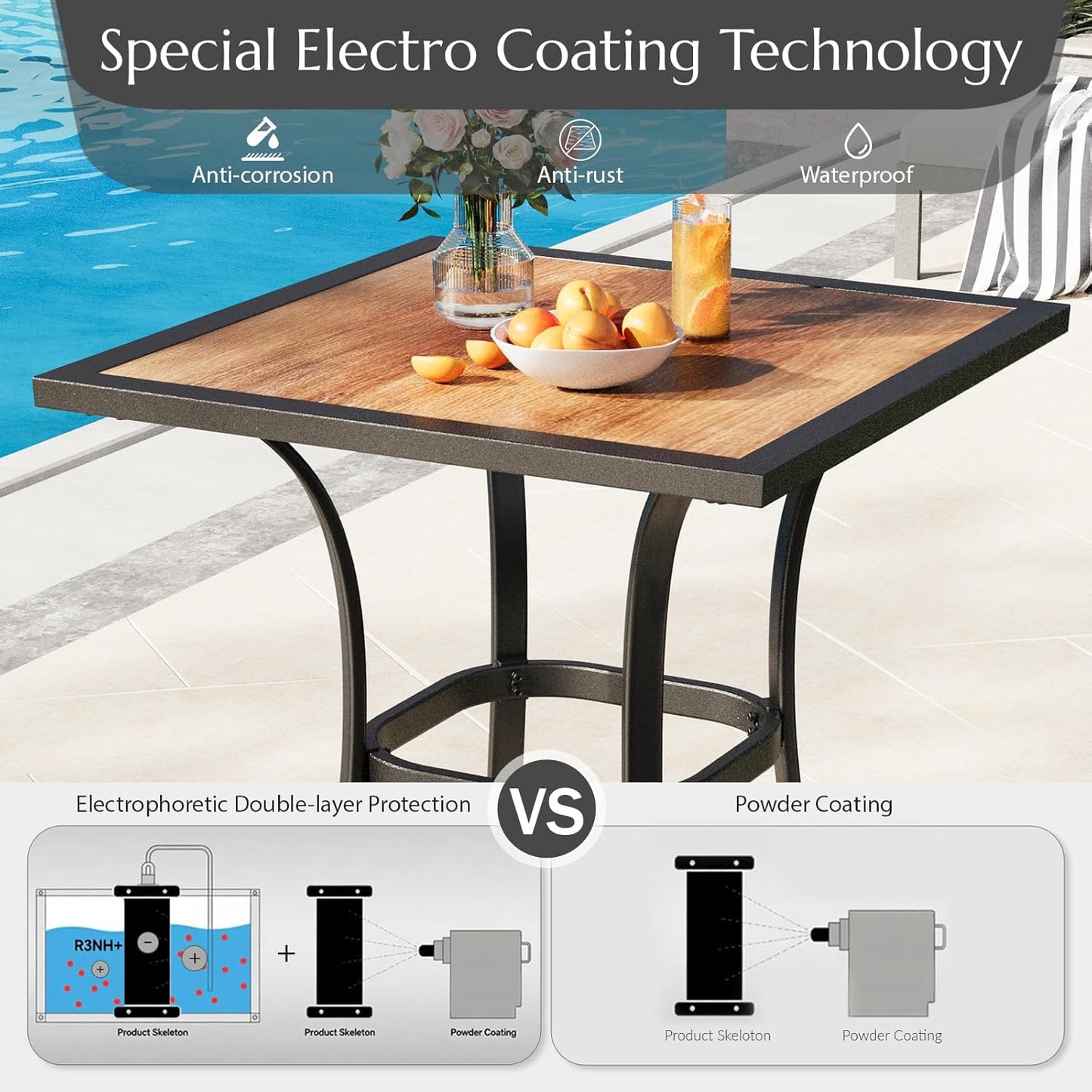 AECOJOY Outdoor Height Bar Table, 36'' Metal Frame Bar Table Bistro Square Table with Wooden Top, High Top Outdoor Pub for Patio Garden Lawn Poolside, Brown