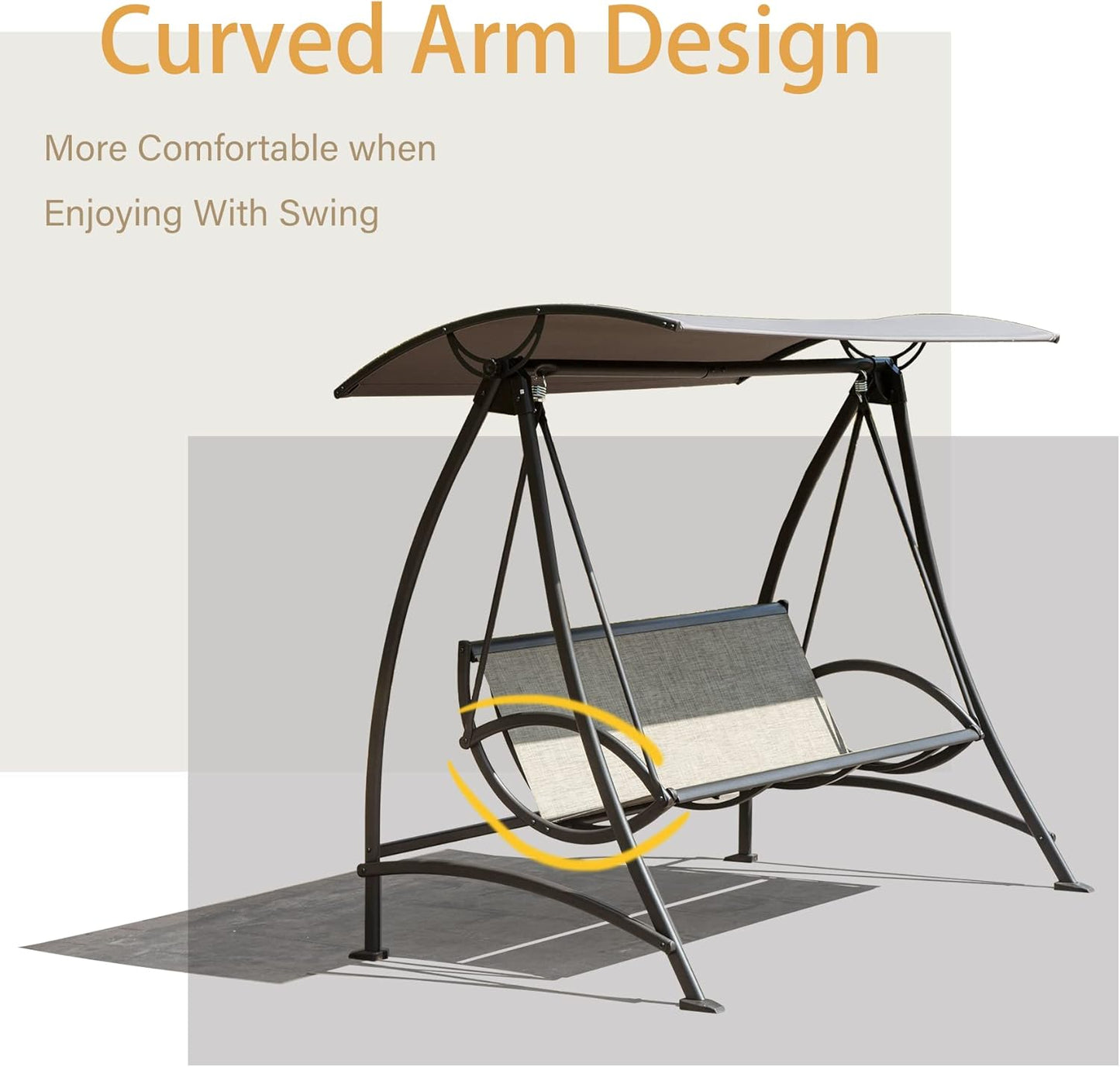 Domi Porch Patio Swing with Adjustable Canopy, 3-seat Swing with Stand, Outdoor Swings w/Armrests, Weather Resistant Steel Frame and Textilene Fabric Dark Brown