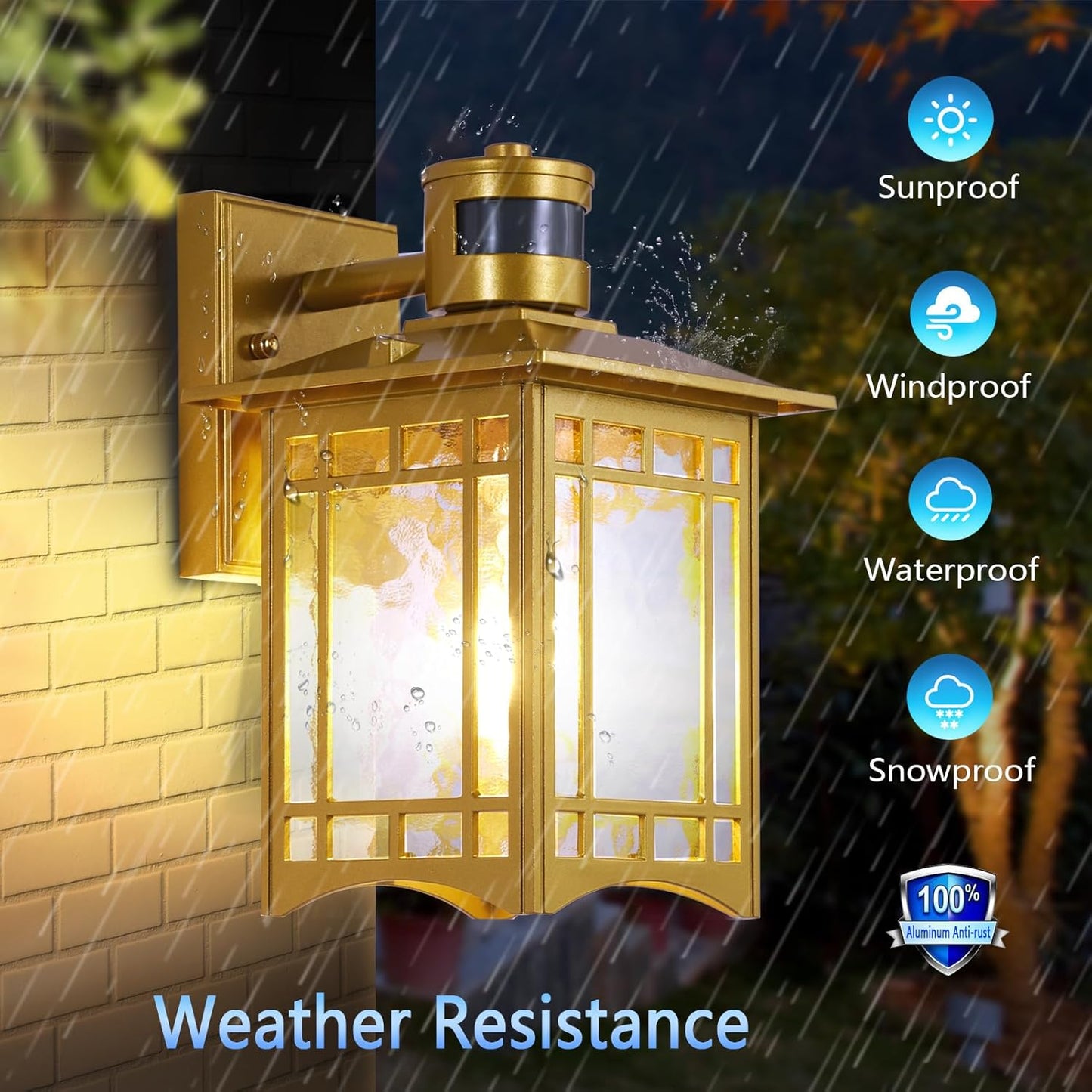 Dusk to Dawn Motion Sensor Light, Outdoor Light Fixture, Golden Wall Sconce Lighting, Front Porch Light, Exterior Lights for House Patio, Outside Door Lights, Wall Mount Anti-Rust Lantern