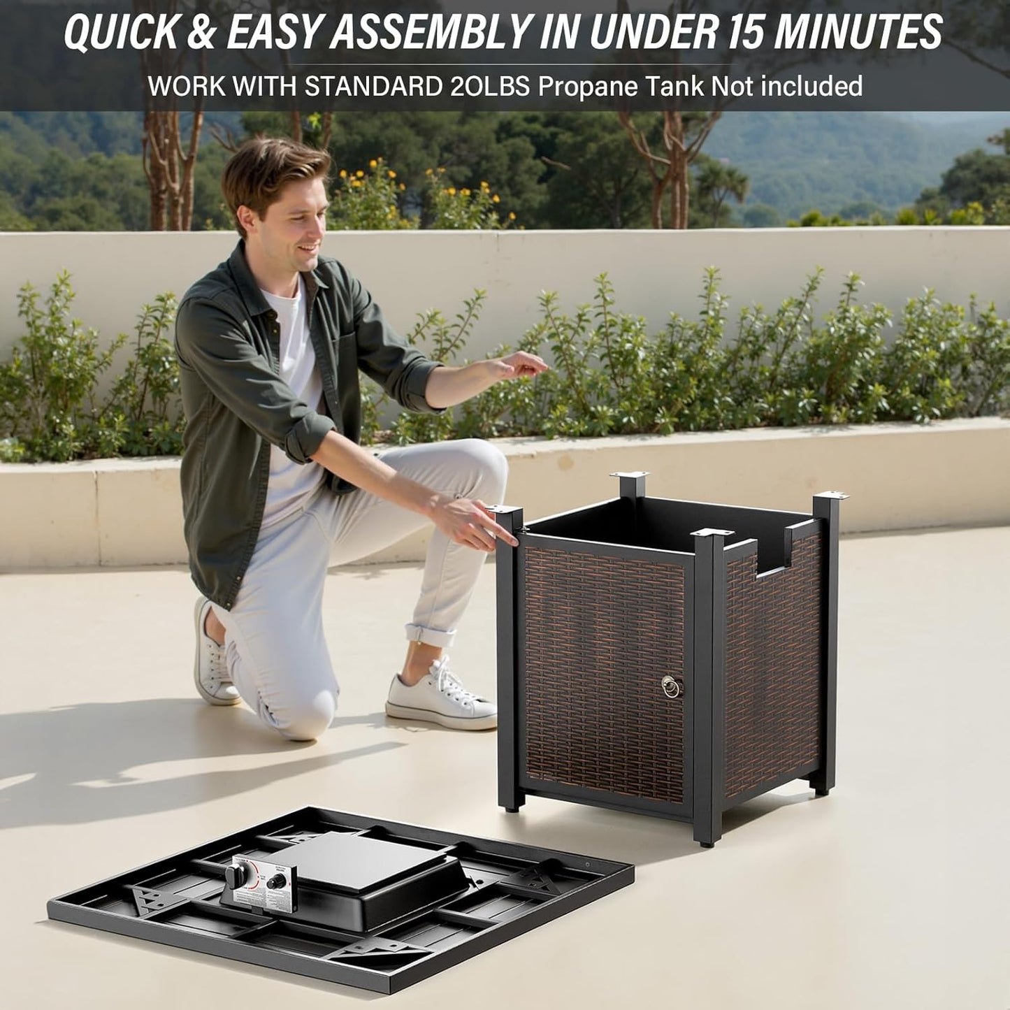 7-Piece Modern Brown Patio Conversation Set - 4 Swivel Glider Chairs & 50,000 BTU Propane Fire Table