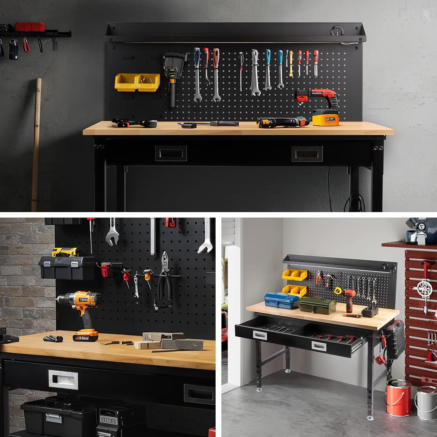 60" Workbench with Drawers, Work Benches for Garage with Strip Light, Adjustable Work Table with Large Pegboard, 2000 LBS Heavy Duty Table with Power Outlet Rubber Wood for Garage, Office