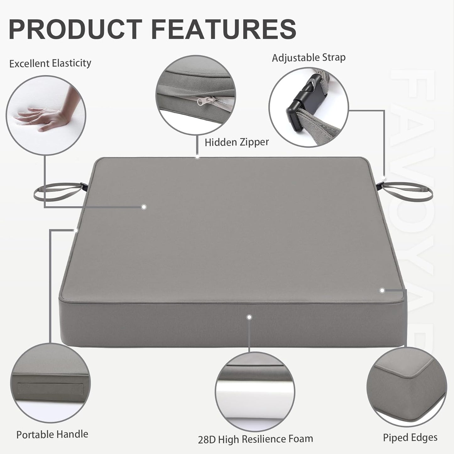 Favoyard Patio Chair Cushions 18.5 x 16 x 3 Inch Waterproof Outdoor Seat Cushions for Patio Furniture 3-Year Color Fastness Garden Sofa Couch Chair Pads with Handle & Adjustable Straps Set of 2, Grey