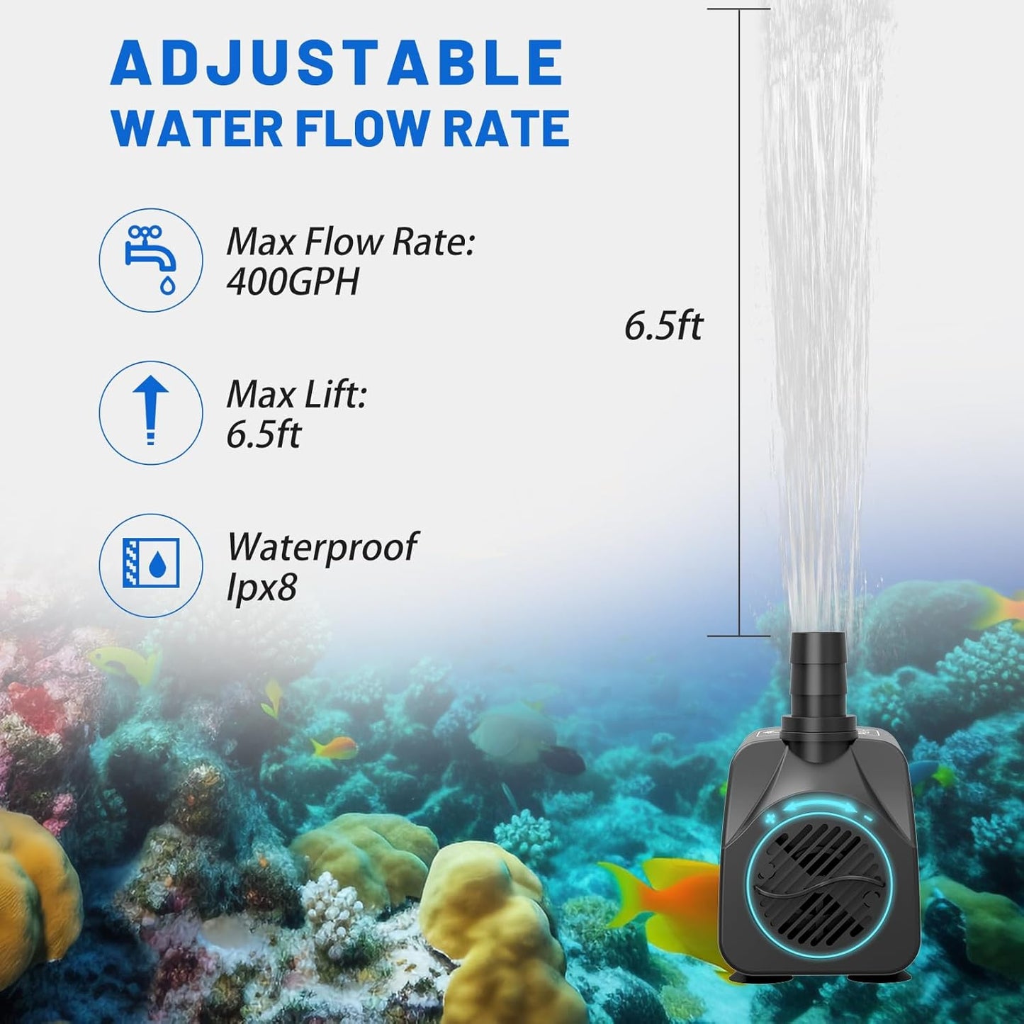Submersible Pump 400GPH with AUTO-Shut-Off 6.5ft High Lift for Fountains, Hydroponics, Ponds, Aquariums & More