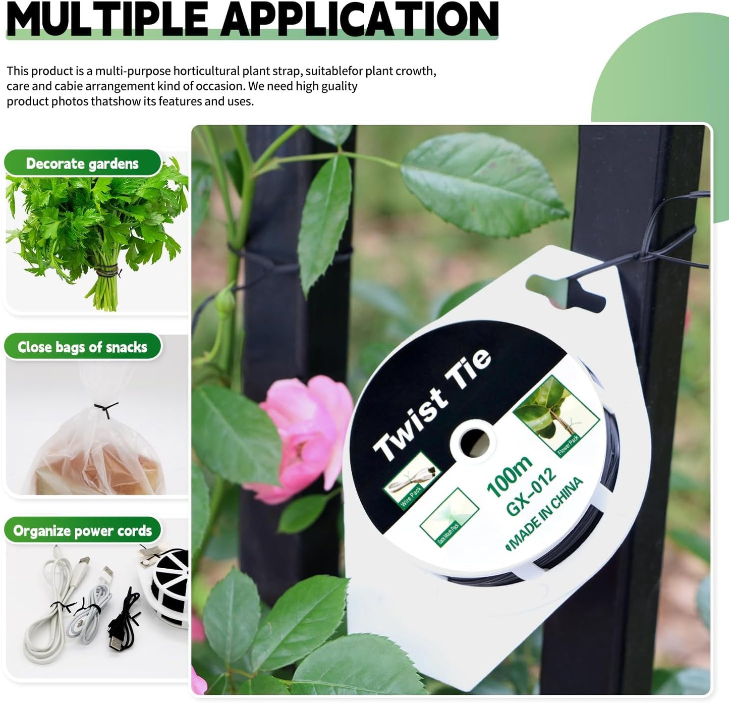 (2 Reels) Garden Wire, Twist Ties Heavy Duty with Cutter 328 Ft Multi-Function Black Coated Tape to Support Plant Tie Up Bags for Home Office Black(328 Feet / 100 m)