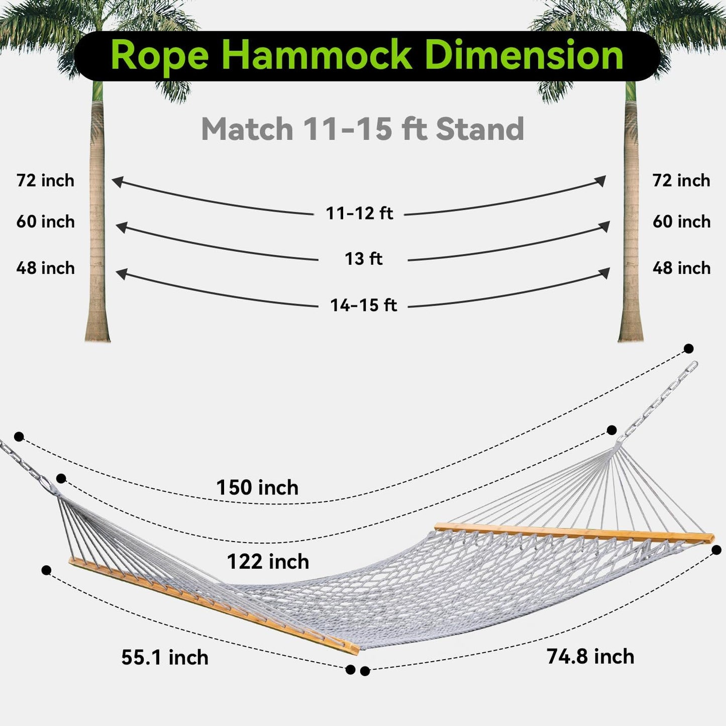 Double Hammock for 2 Person, Handwoven Cotton Rope Hammock with Spreader Bar Without Stand - Indoor & Outdoor Use for Patio, Poolside, Backyard (Grey)