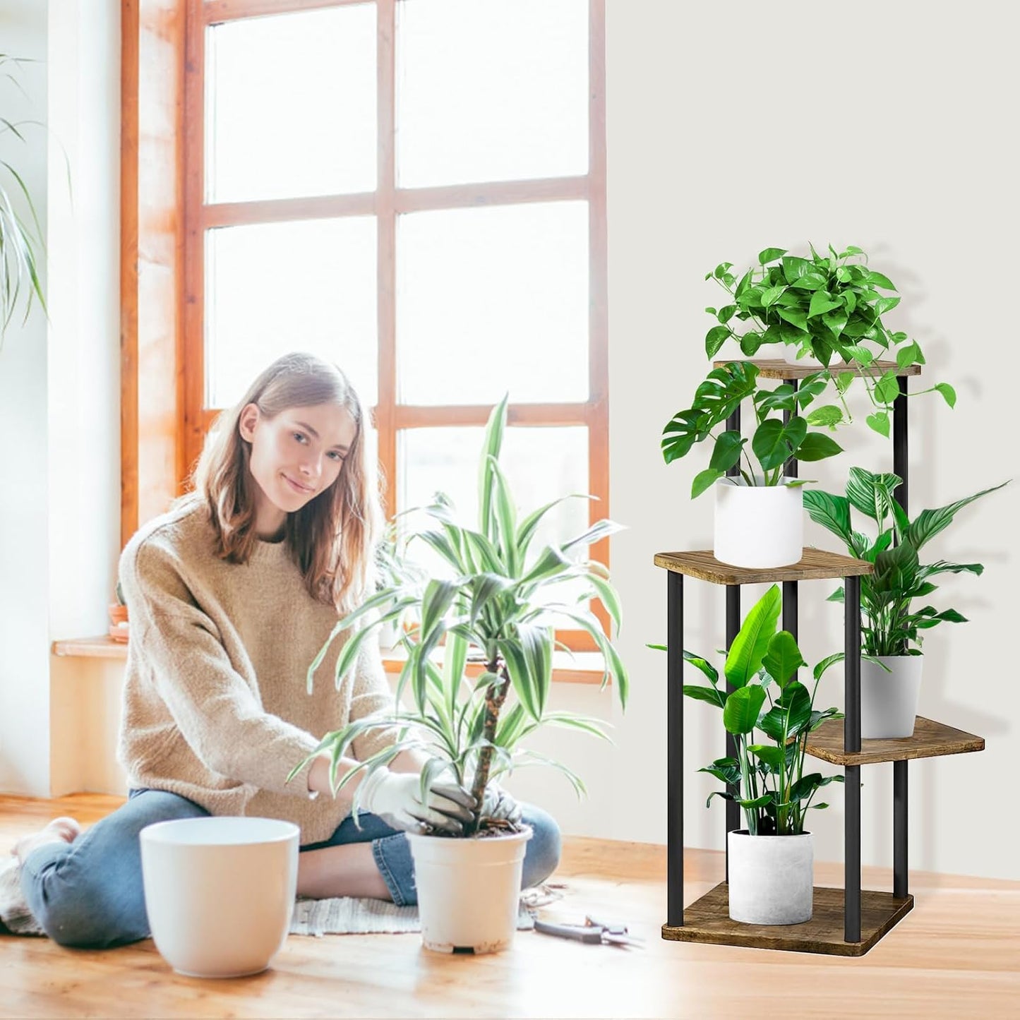 4 Tier Wood Tall Plant Stand Metal Rack Indoor, Multiple Flower Pot Holder Shelves Corner Rack, Planter Shelf Display Rack Storage Organizer for Patio Living Room Balcony Garden(Black)