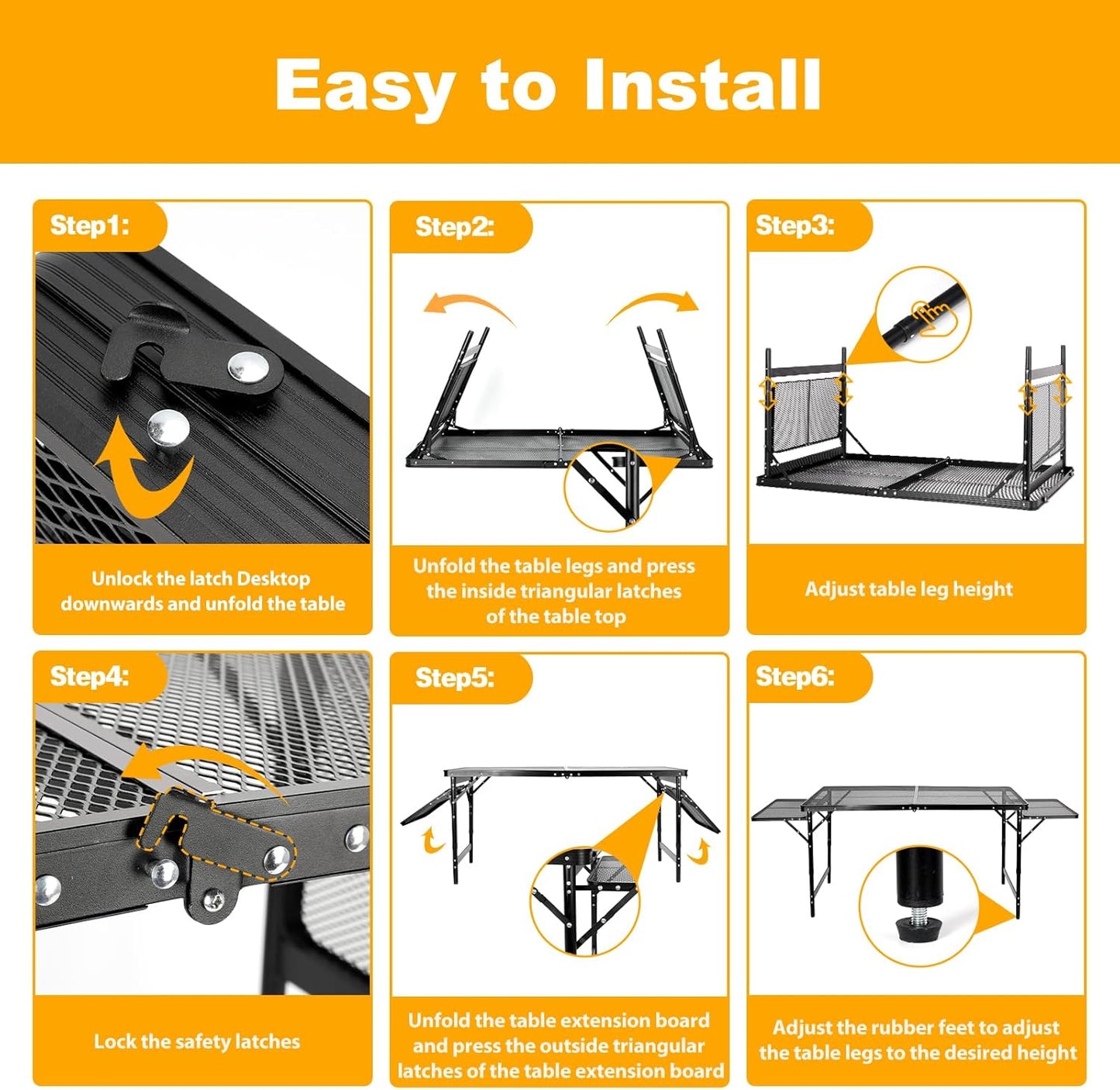 Grill Table Folding Table with 2 Wing Panels 4FT+1.77 FT with with 1×2/5 L Storage Bag Mesh Desktop 3 Height Adjustable Portable Grill for Outdoor Indoor Beach BBQ Picnic Travel RV Black