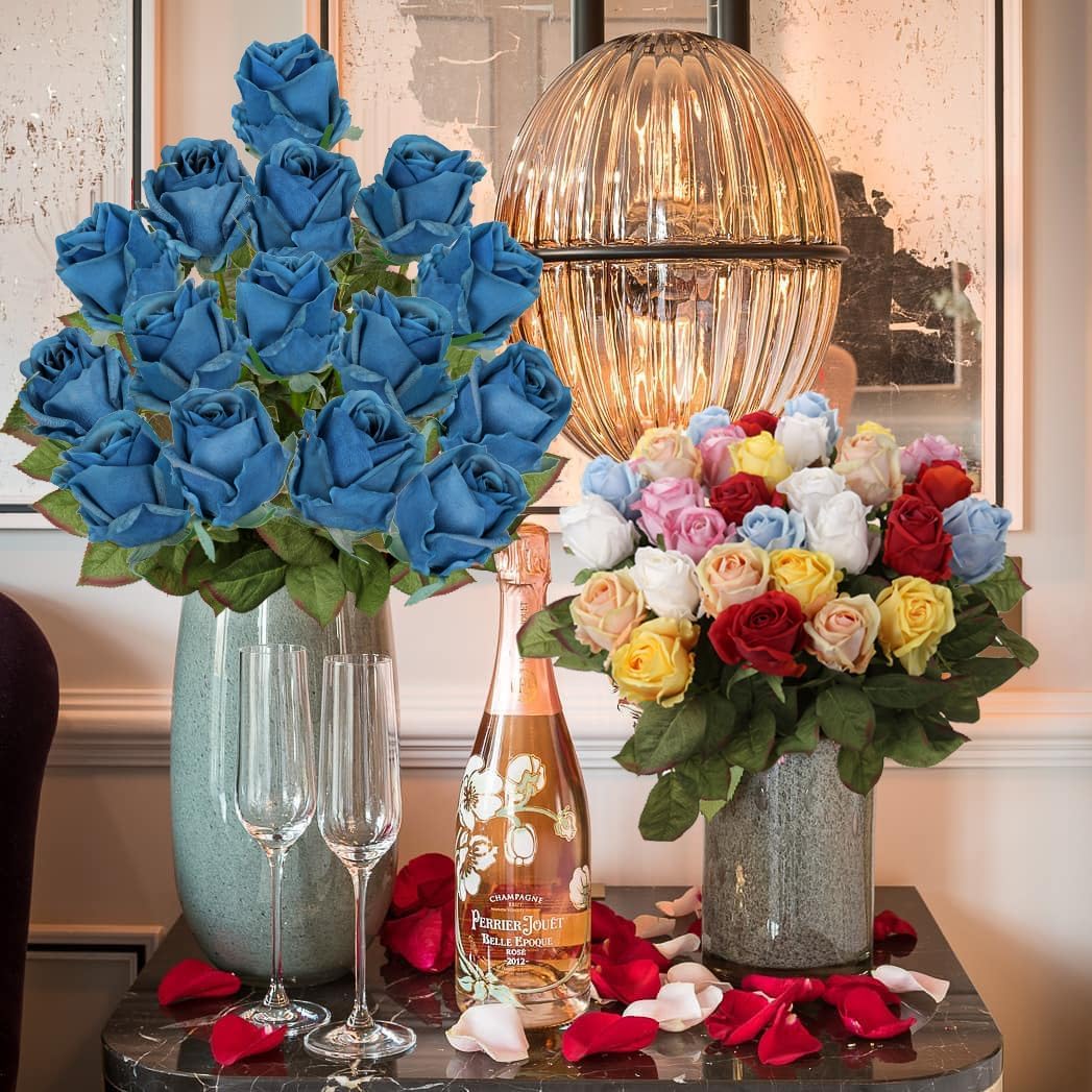 Artificial Realistic Roses Blue Flowers 24" Real Touch Silk Roses Bouquet Long Stems Rose Fake Roses Decor for Home Party Wedding Table Centerpieces Roses Realistic - 5 Pcs