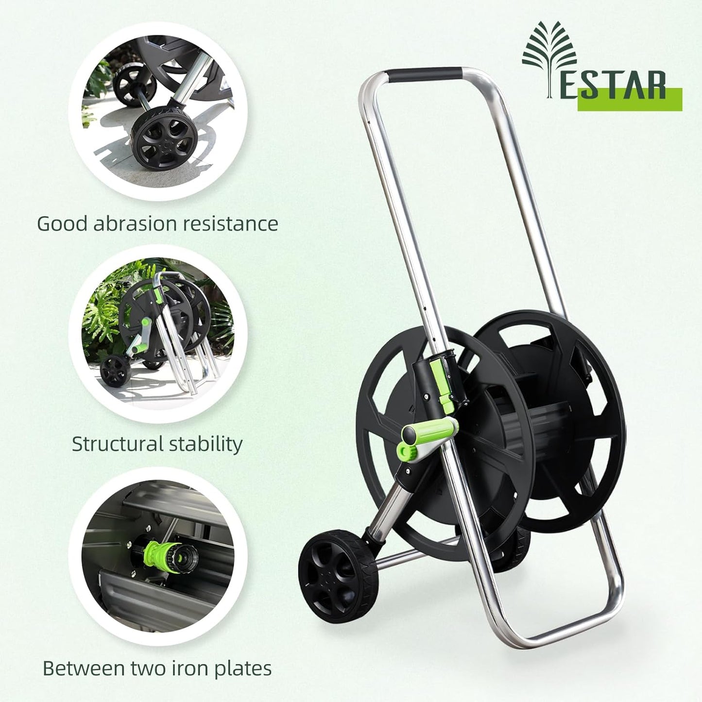 Garden Hose Reel Cart, Holds 75-150 Feet of 5/8-Inch Hose, Portable Hose Reel Cart With Wheels,Adjustable Handrail, Quick Hose Connector