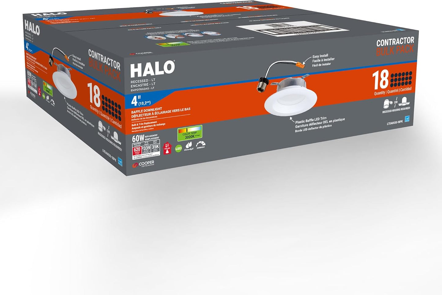 HALO LTE 4 Inch Indoor/Outdoor Recessed LED Trim Can Light, 3000K - Contractor Value Pack (18-Pack) - LTE46930-18PK