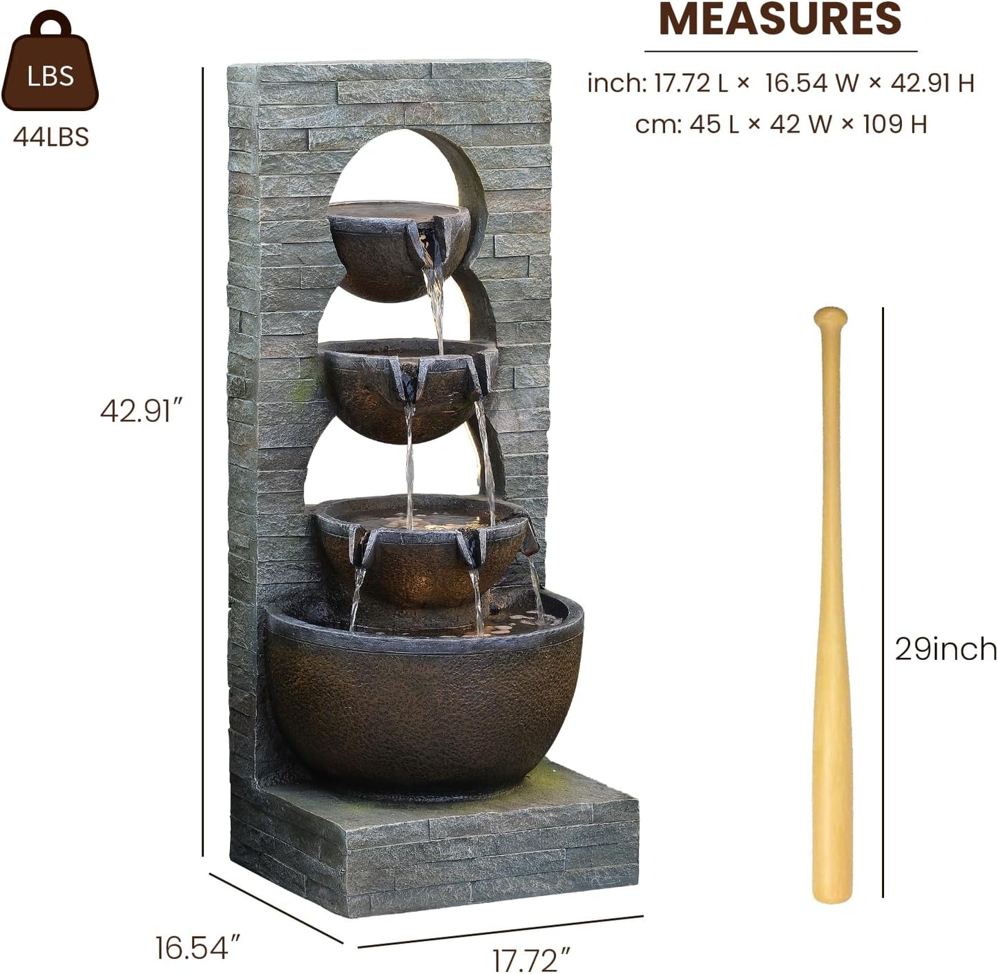 43" H Water Fountain Outdoor Garden - Large Waterfall Tiered Freestanding Cascade Bowl Fountains with LED Strips for Patio Backyard Deck Porch Home Decor, Brown