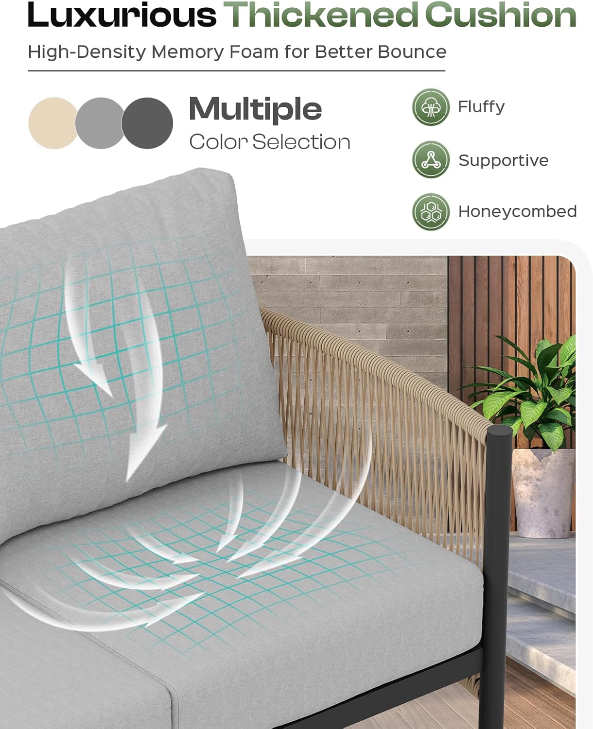 Aluminum Outdoor Patio Furniture Set, HDPE Rope 4 Piece Modern Sectional Conversation Sets with Dual-Layer Coffee Table, All Weather Patio Couch Sets with Thick Cushions, Gray Frame, Gray