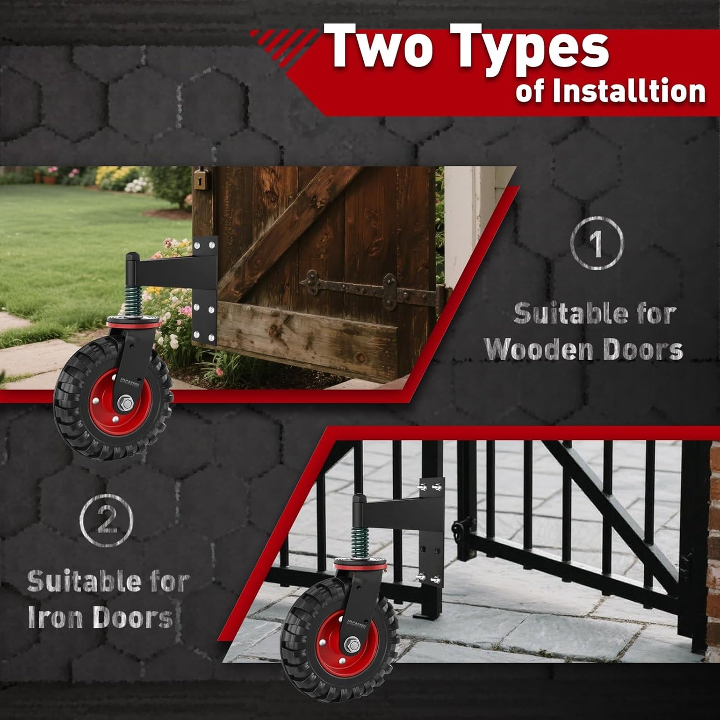 Heavy Duty Gate Wheel, 6" Double-Welded,500lb Capacity for Metal Tube & Wooden Gates, 360° Swivel Spring-Loaded Caster with 2 Installation Kits