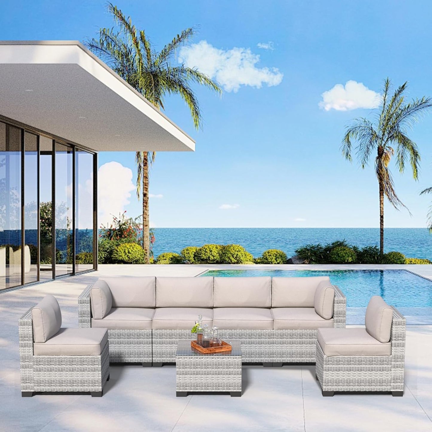 7 Piece Patio Furniture Set, Rattan Outdoor Patio Conversation Sets, Outdoor Sectional Furniture with Waterproof Cushion and Coffee Table, for Deck, Backyard, Garden, Field Gray