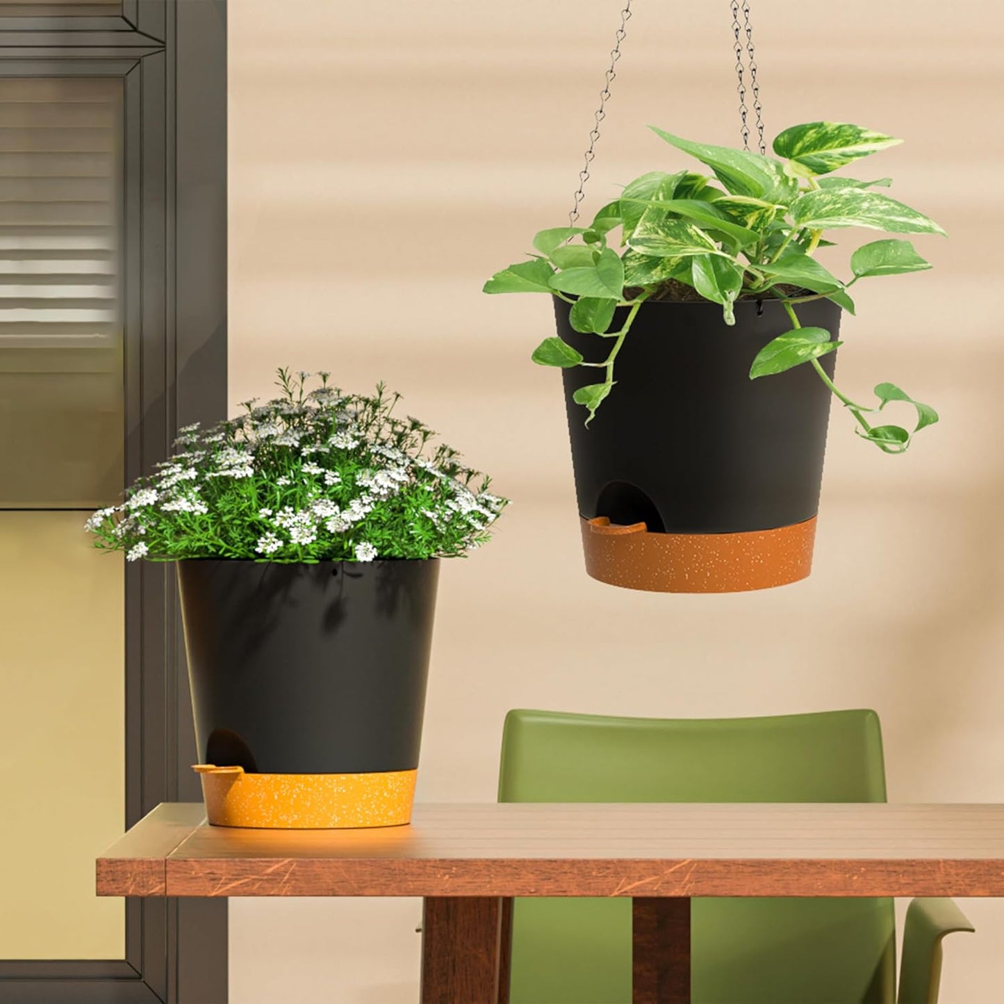 Hanging Planters for Indoor Outdoor Plants, 2 Pack Self Watering Hanging Pot with Drainage Holes and Plant Hangers, Hanging Baskets Flower Pots for Home Garden Decor (Black, 8 inch)