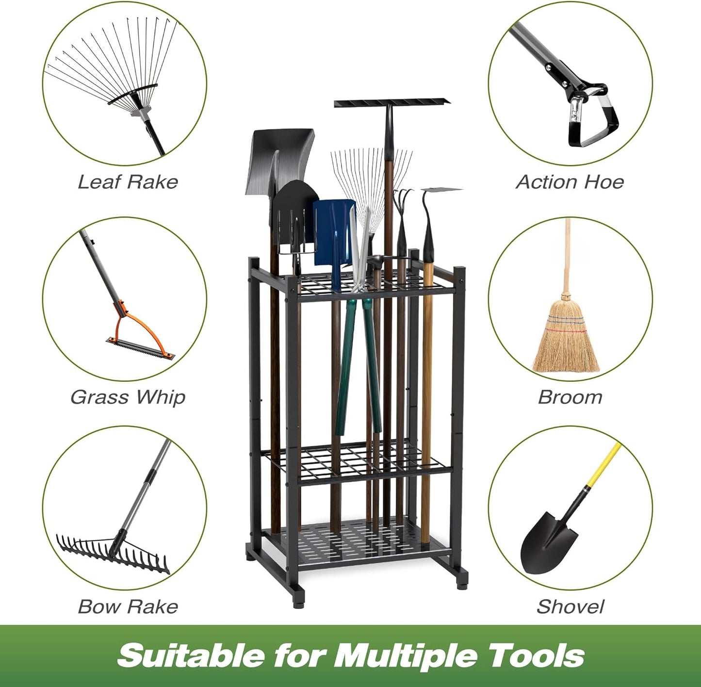 Garden Tool Organizer, Yard Tool Tower Rack for Garage Organization and Storage, Up to 35 Long-Handled Tools/Rakes/Brooms, Heavy Duty Steel Garden Tool Stand for Shed, Outdoor, Black