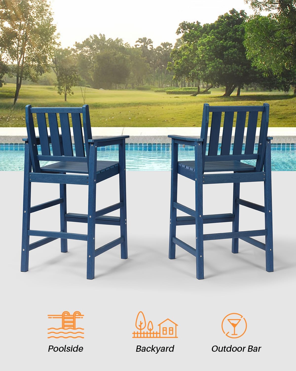Adirondack Bar Chair Set of 2, HDPE Tall Adirondack Chairs Bar Stools with Footrest, Outdoor Bar Height Stool Chair Set, HDPE Patio Barstools Set for Poolside, Balcony, Garden, Navy