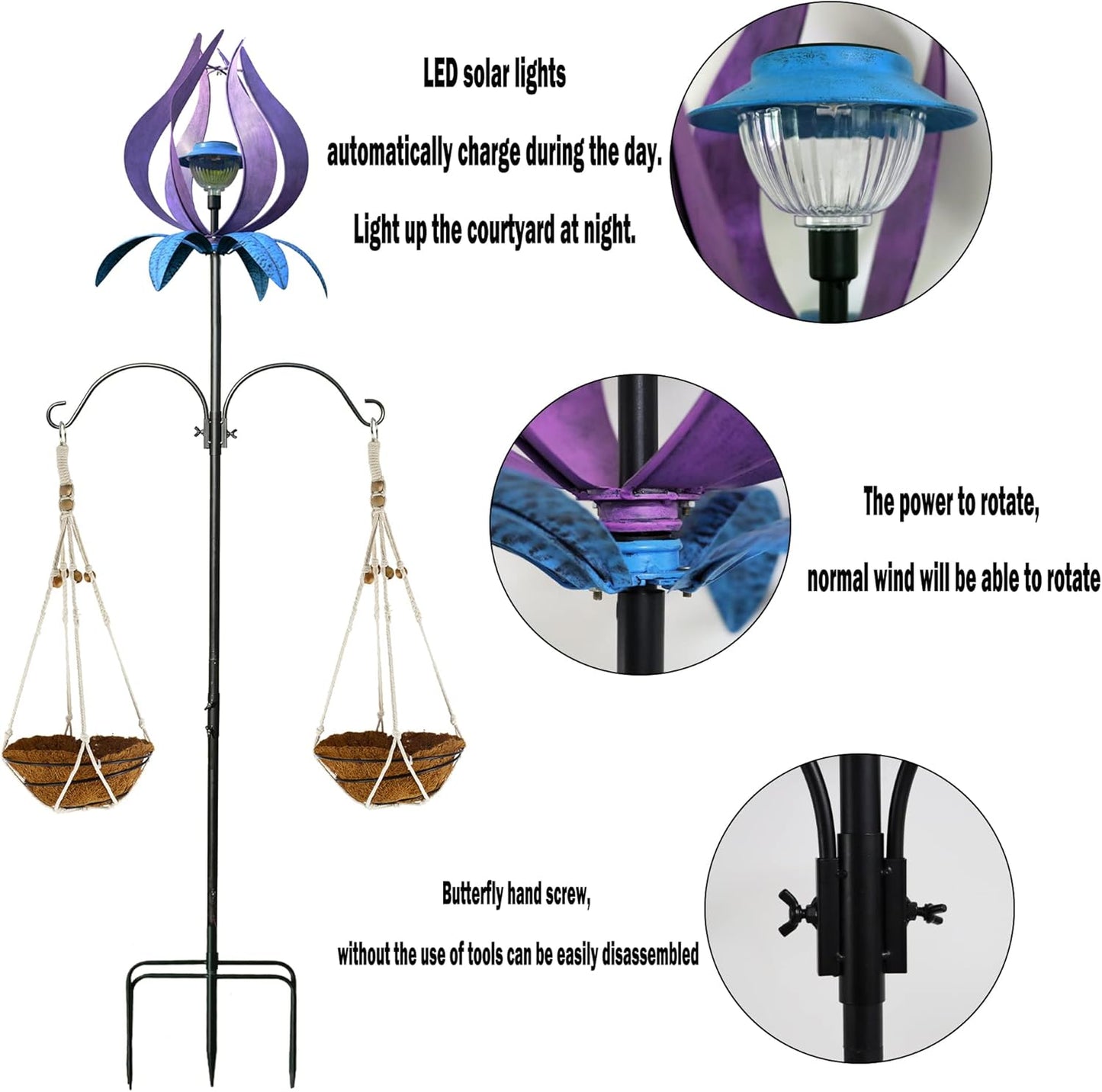 J-Fly Metal Wind Spinner Outdoor Terrace Windmill LED Solar Landscape Light Outdoor Garden Decoration for Lawn Garden Park Decoration Double Coconut Flower Basket Metal Pile 83 Inch