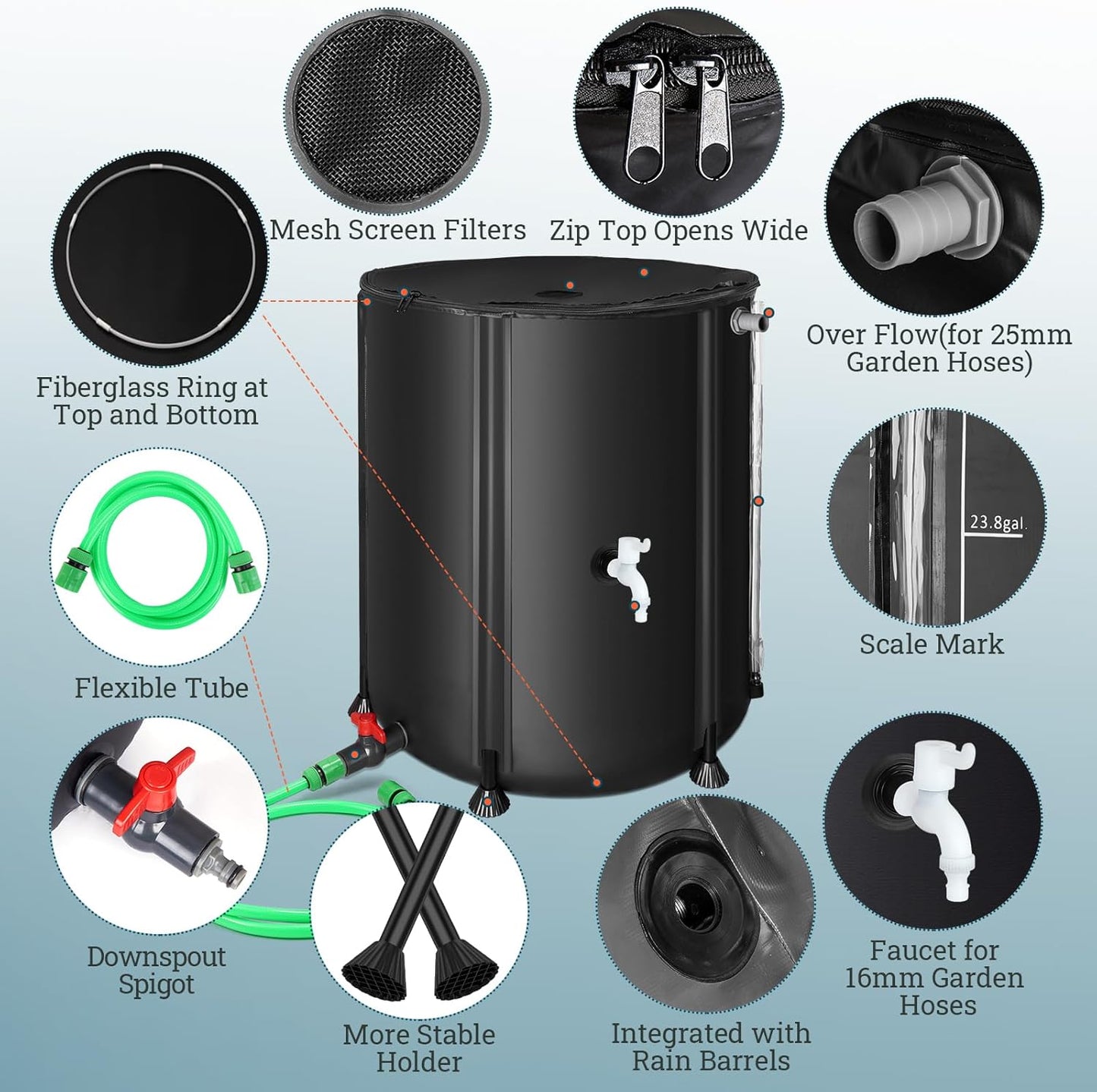 53 Gallon Collapsible Rain Barrel for Garden/Outside/Lawn, Portable Rainwater Collection System, Rain Barrel to Collect Rainwater from Gutter, Water Storage Tank with Two Spigots & Overflow Kit, Black