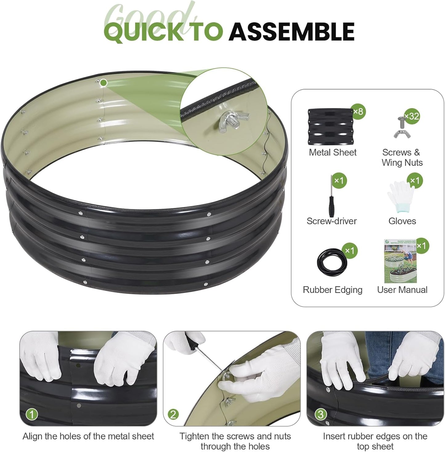 G GOOD GAIN Round Raised Garden Bed - 2Pcs 3x3x1ft Galvanized Steel Planter Boxes Outdoor with Rubber Edge Trim | Metal Raised Beds for Gardening Vegetables Flowers Fruits Herbs (Dark Grey)