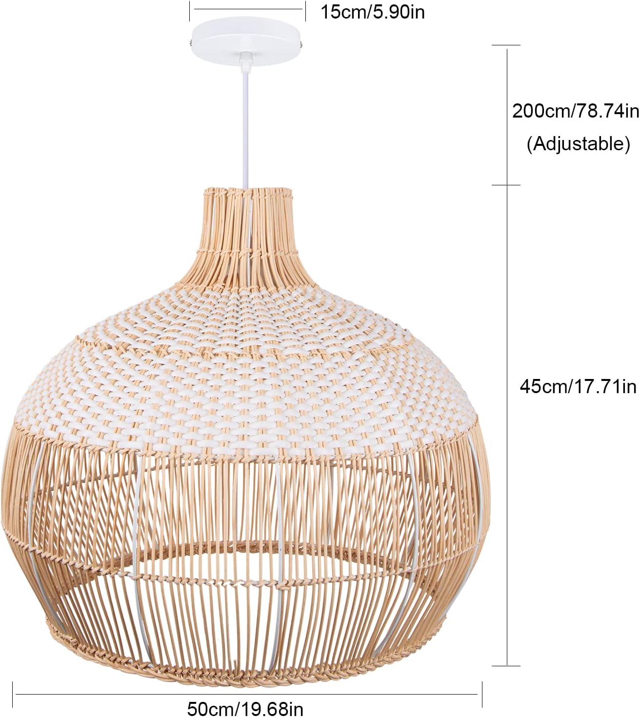 Arturesthome 1 Light White Rattan Pendant Light for Kitchen Island Sink,19.6" Wicker Chandelier, Handmade Woven Hanging Ceiling Light Lampshade