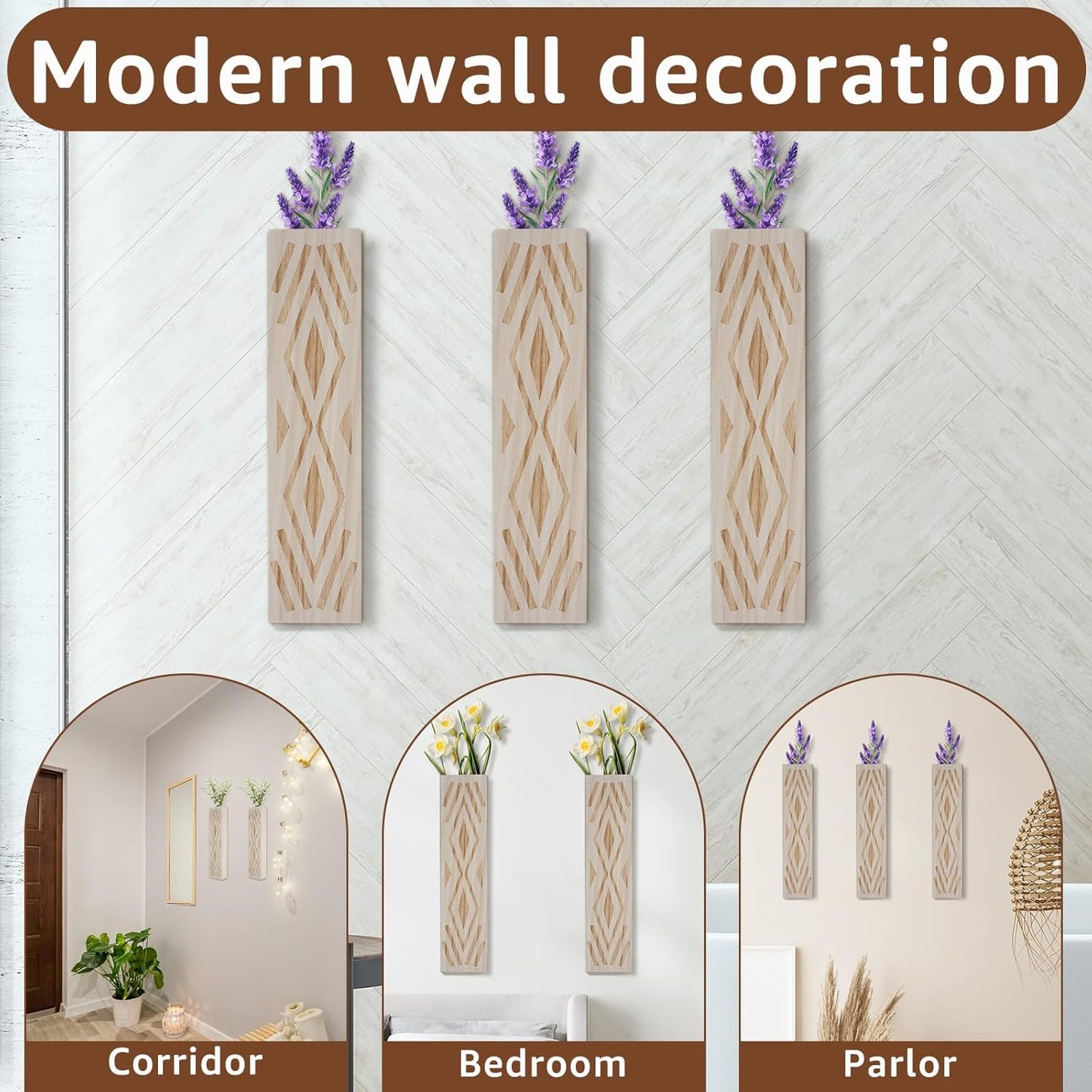 3PCS Wood Wall Planter for Indoor Plants, Wall Planter Vase, Stylish Wood Hanging Vase, Decorative Wood Wall Pocket Vase, Rectangular Hanging Planter for Living Room Bedroom Office(Beige)
