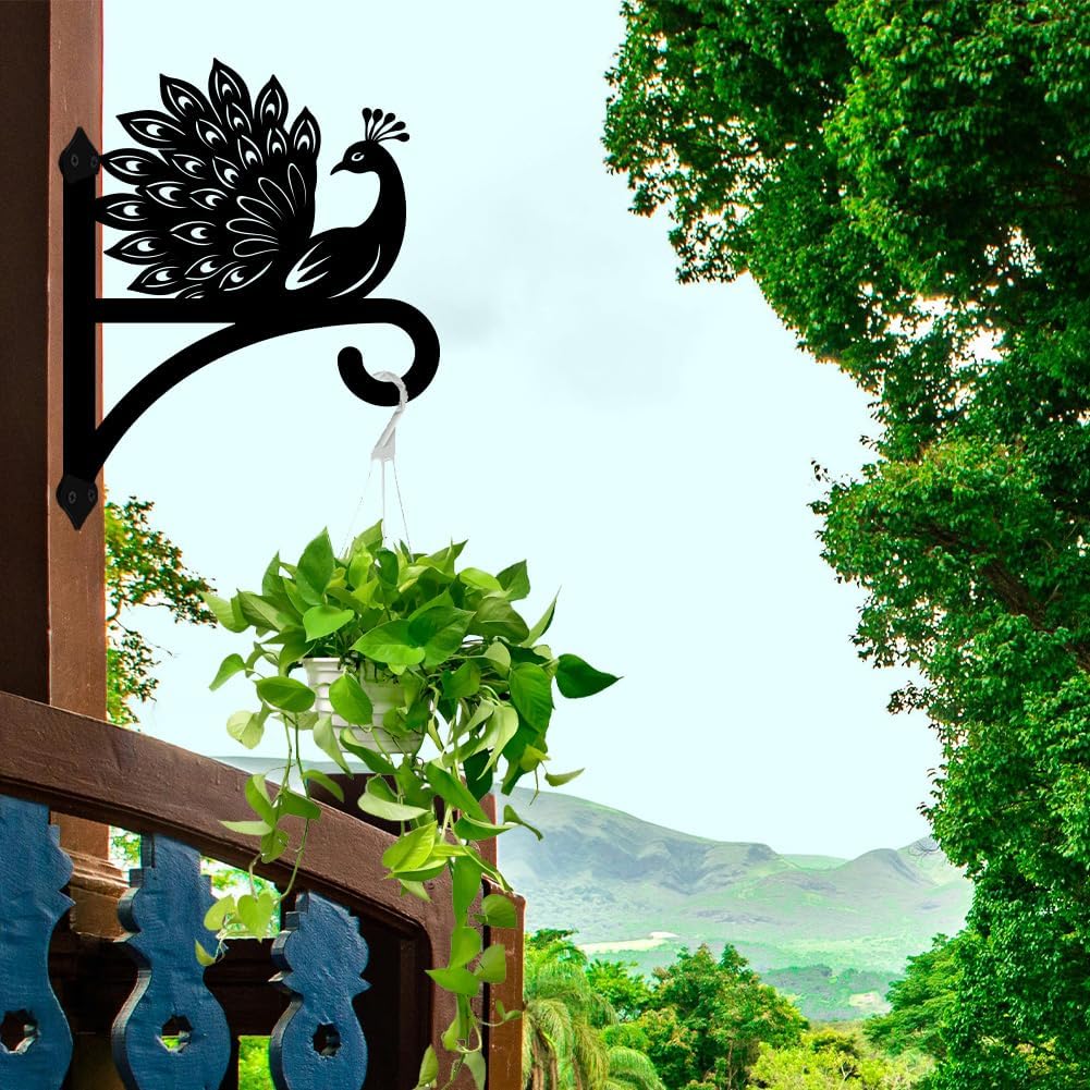 peacoblue Iron Plant Hangers Hooks for Outdoor Indoor Hanging Plants Flower Fern Pots Lantern Bird Feeder Wind Chime,12"x15.5" Weather Resistant Metal Wall Holder for Porch Garden Farmhouse(Peacock)
