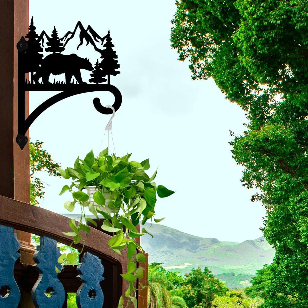 peacoblue Iron Plant Hanger Hook for Outdoor Indoor Hanging Plant Flower Fern Pot Lantern Bird Feeder,12"x15" Weather Resistant Metal Wall Holder for Porch Garden Farmhouse(Forest Bear and Mountain)